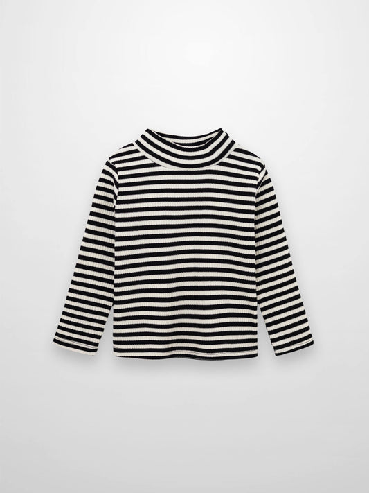 Striped Mock Neck T-Shirt - Black & White