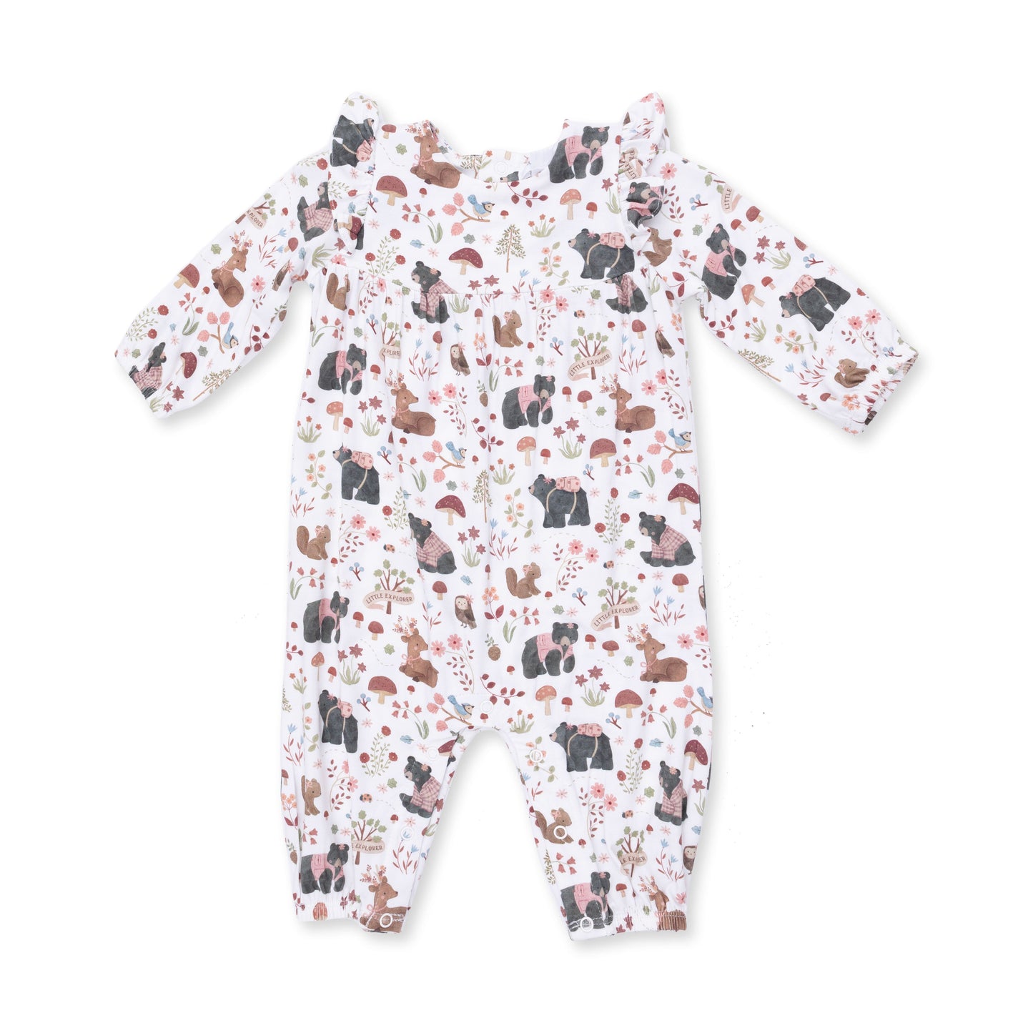 Southern Woodland Animals Pink - Ruffle Sleeve Snap Romper