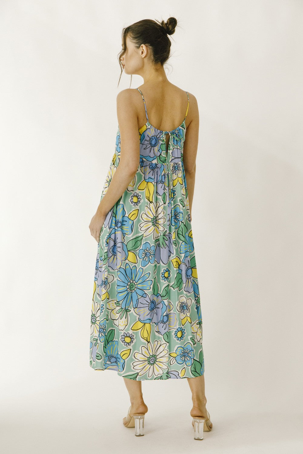 Green Floral Back Tie Midi Dress