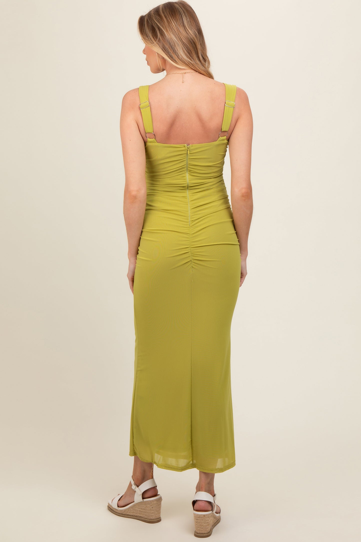 Light Olive Ruched Maternity Maxi Dress