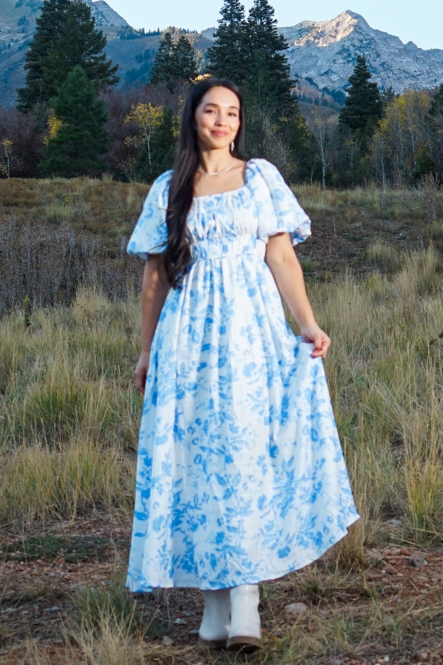 Blue Floral Puff Sleeve Maternity Midi Dress