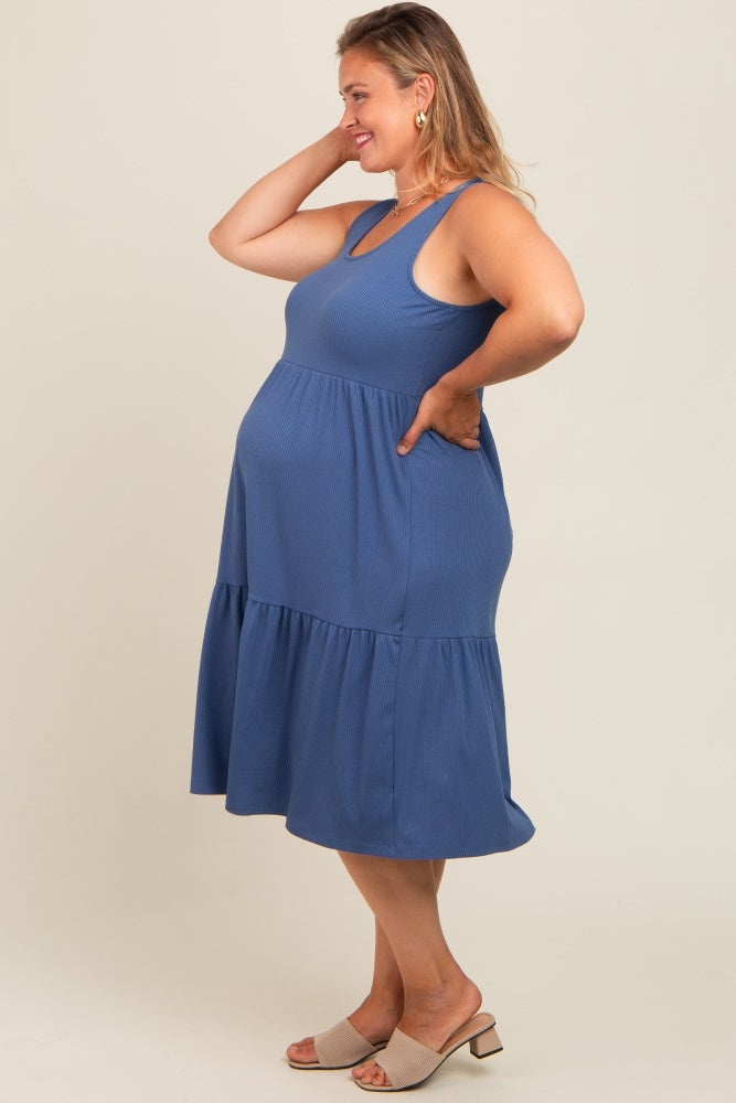 Blue Tiered Sleeveless Maternity Plus Midi Dress