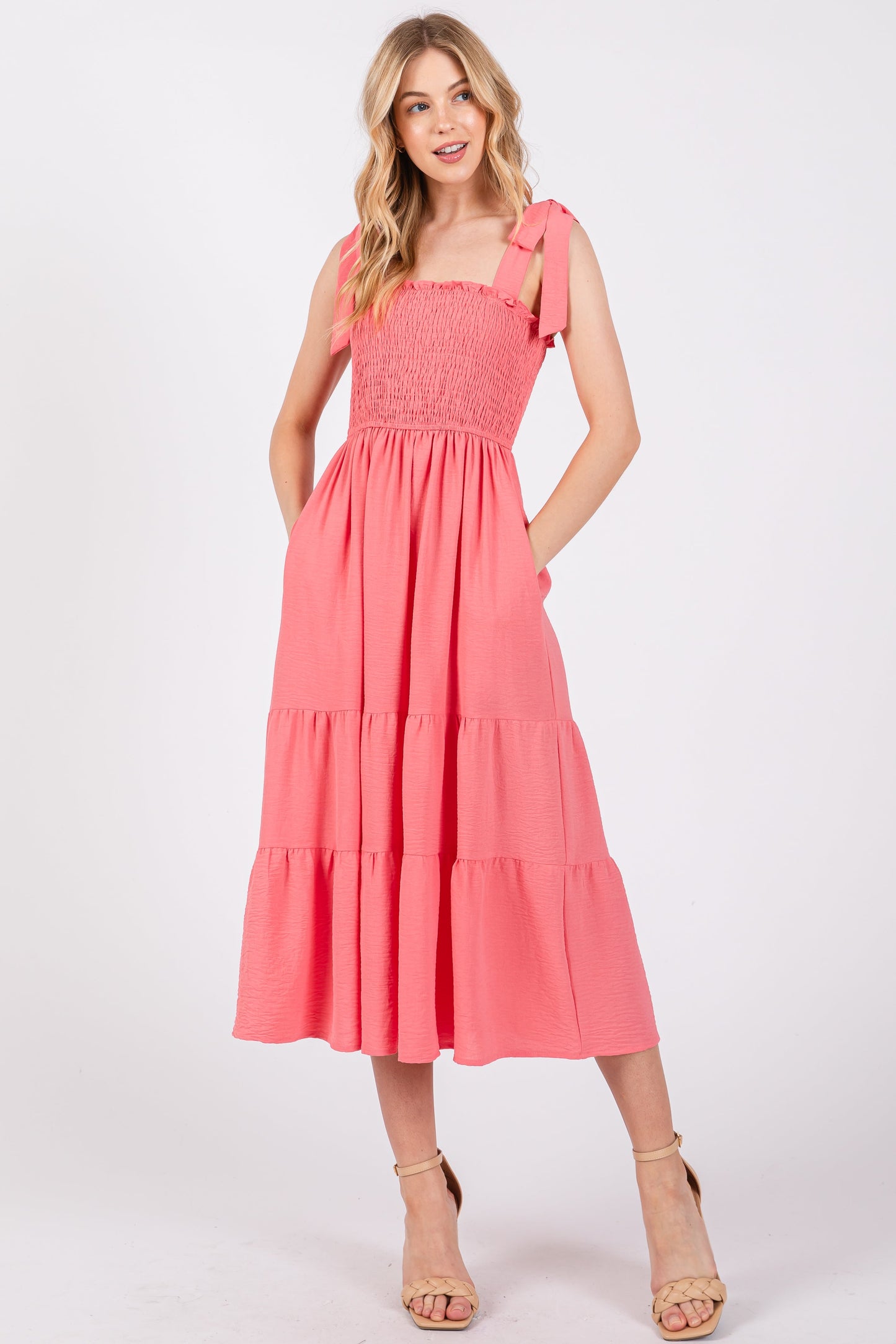 salmon midi dress High-Neck Midi Dress in Salmon Dot