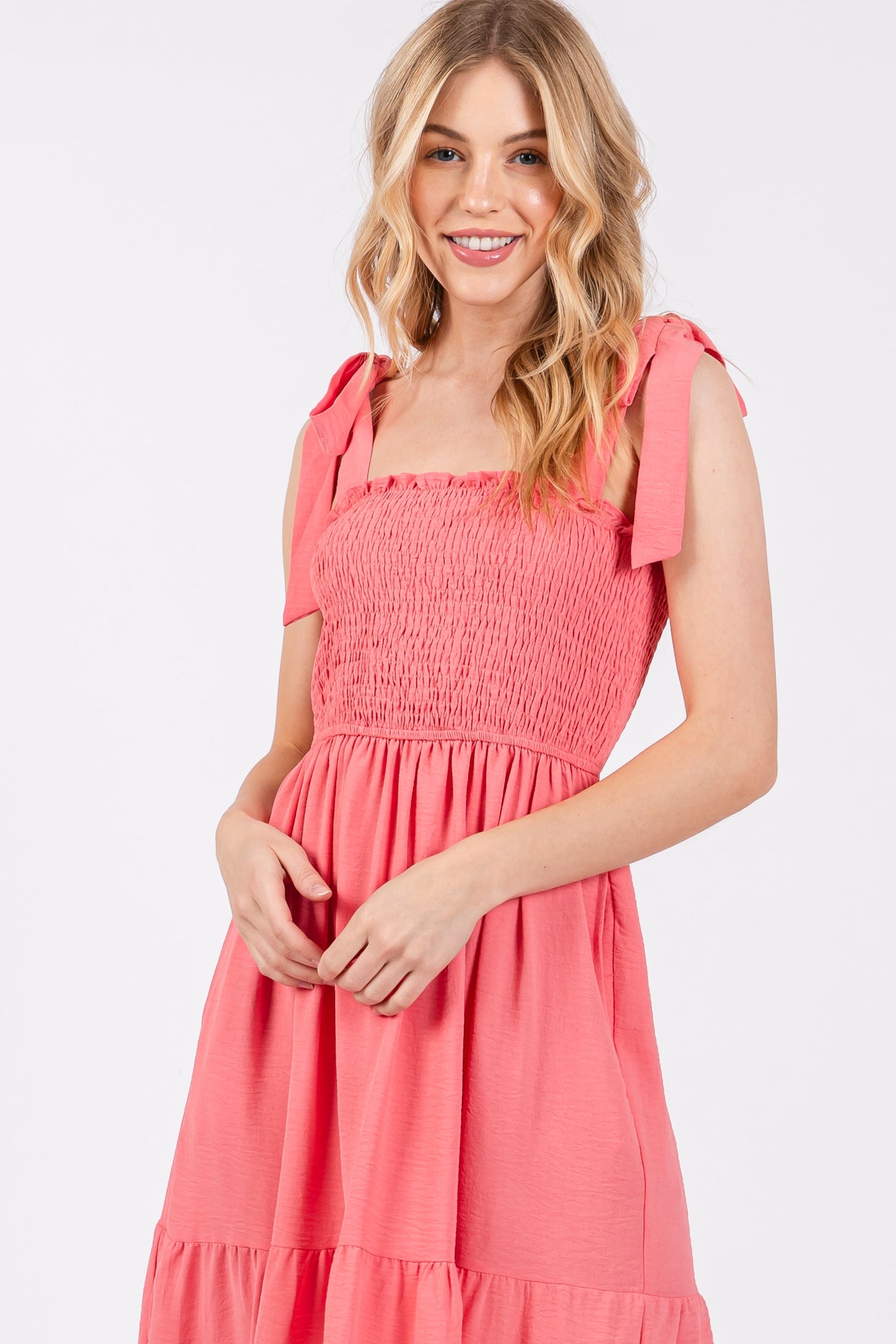 Salmon Smocked Tie Strap Tiered Midi Dress