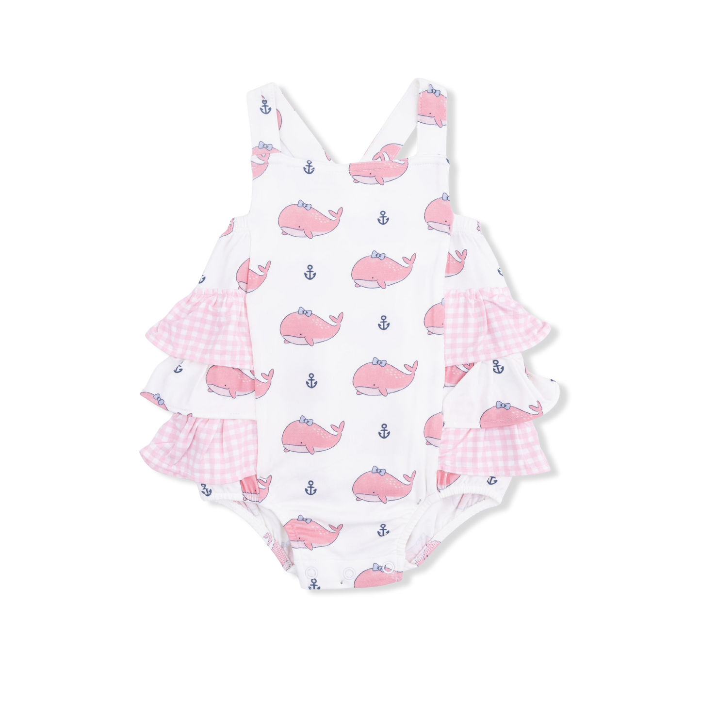 Bubbly Whale with Bow  Pink - Ruffle Sunsuit