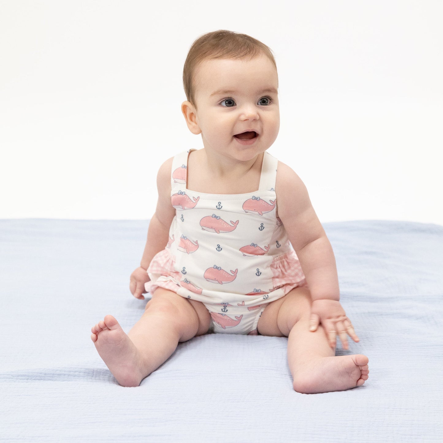 Bubbly Whale with Bow  Pink - Ruffle Sunsuit