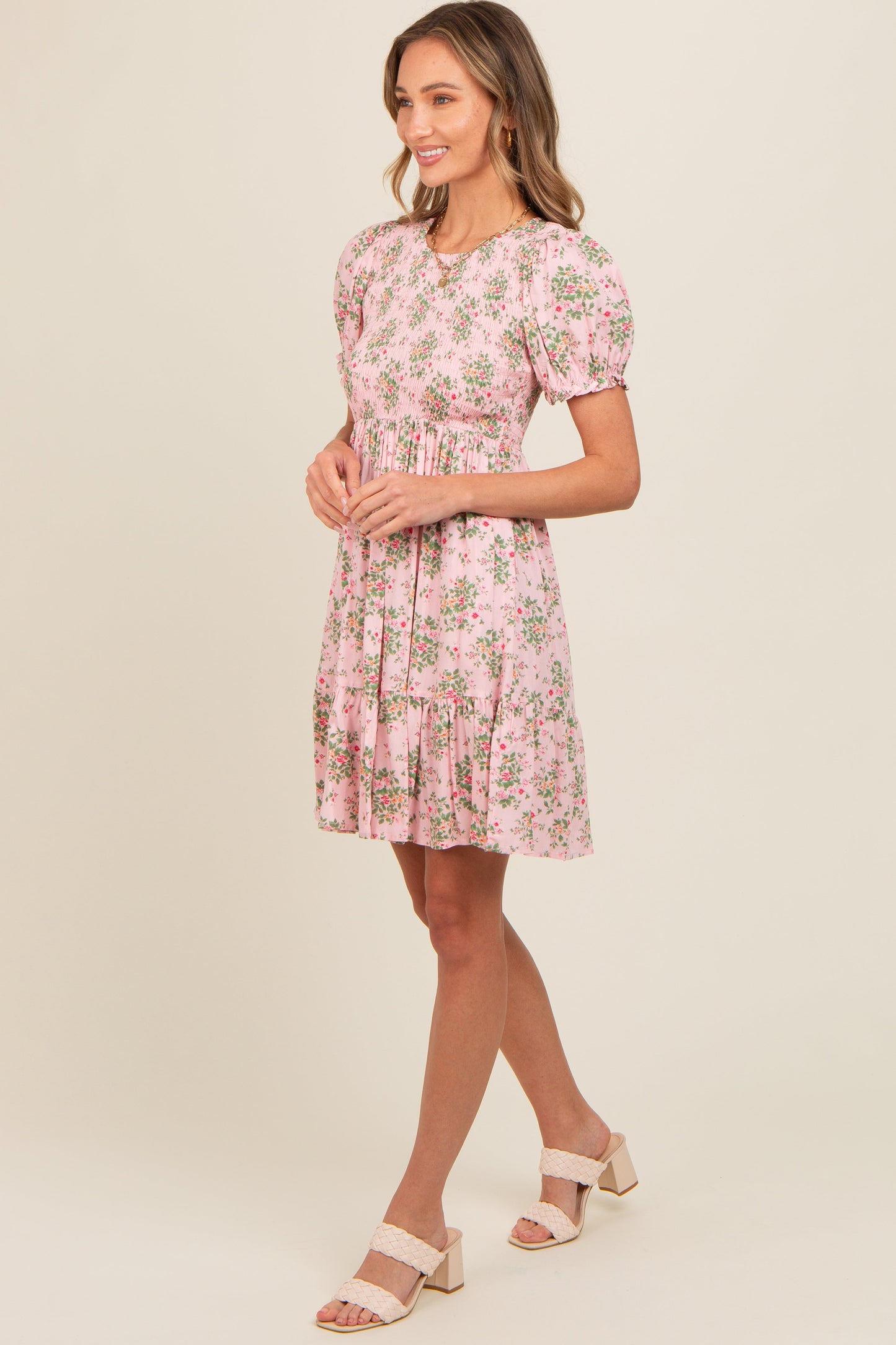 Light Pink Floral Smocked Puff Sleeve Dress