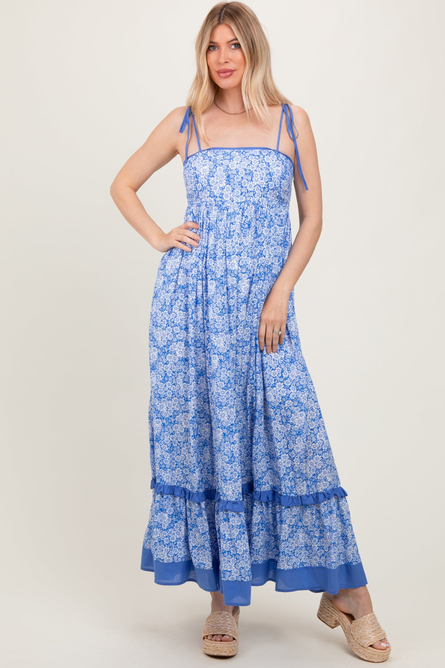 Blue Floral Shoulder Tie Maxi Dress