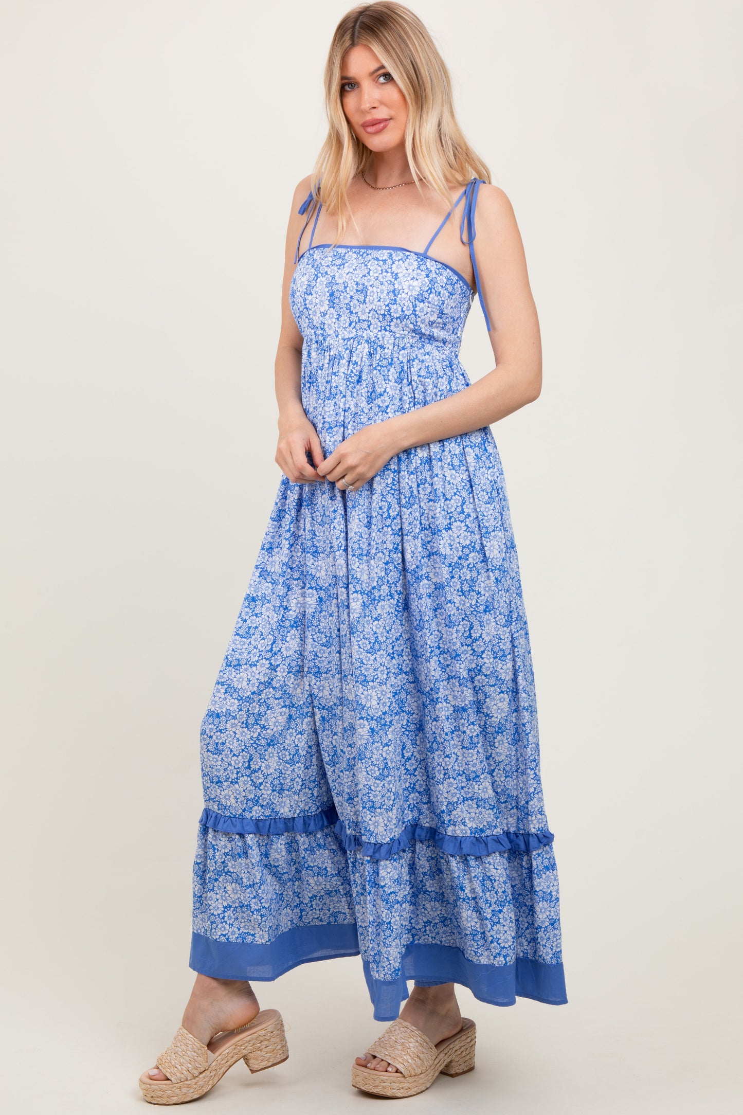 Blue Floral Shoulder Tie Maxi Dress