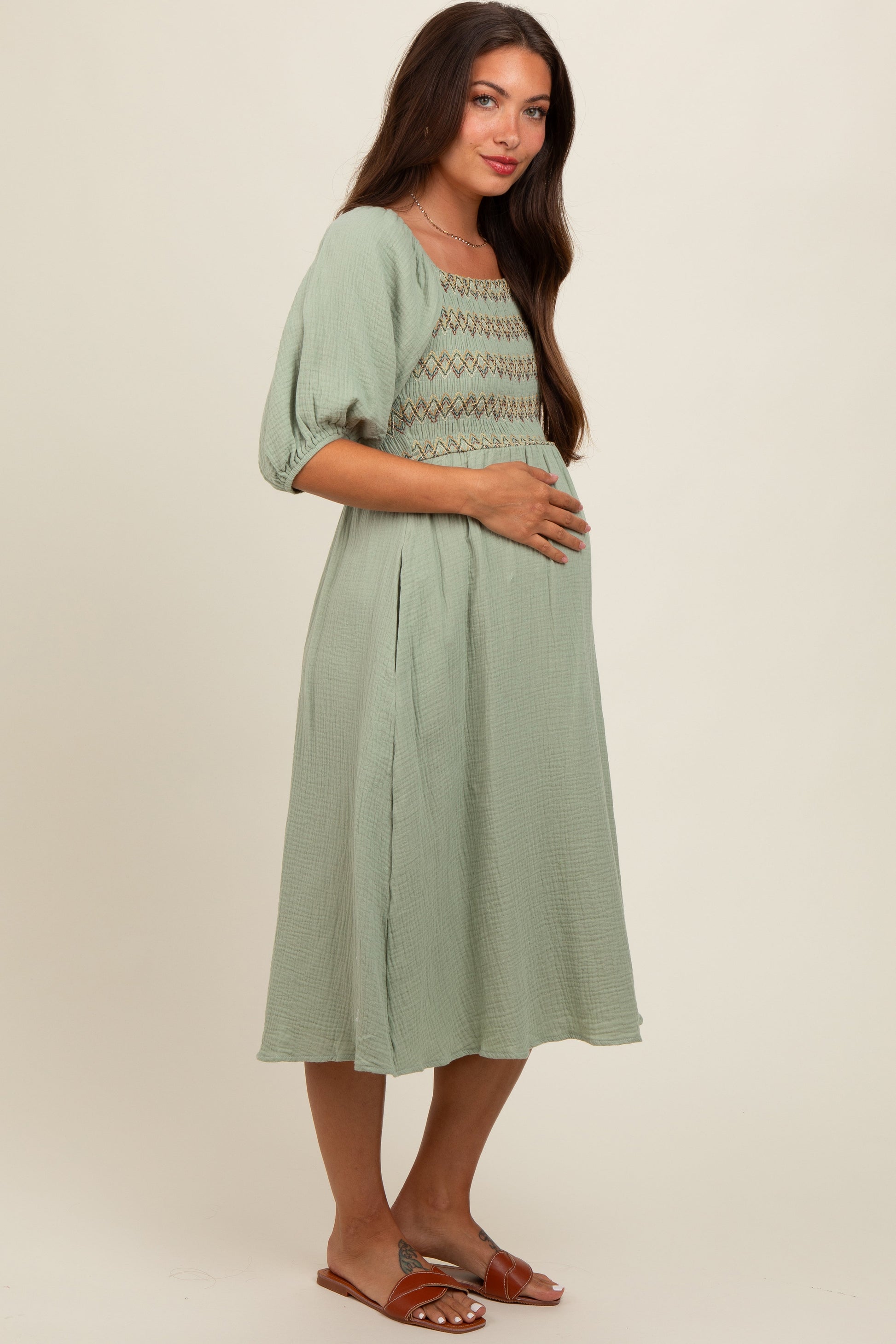 Light Olive Embroidered Maternity Midi Dress The Prissy Pelican Light Olive Embroidered Maternity Midi Dress The Prissy Pelican