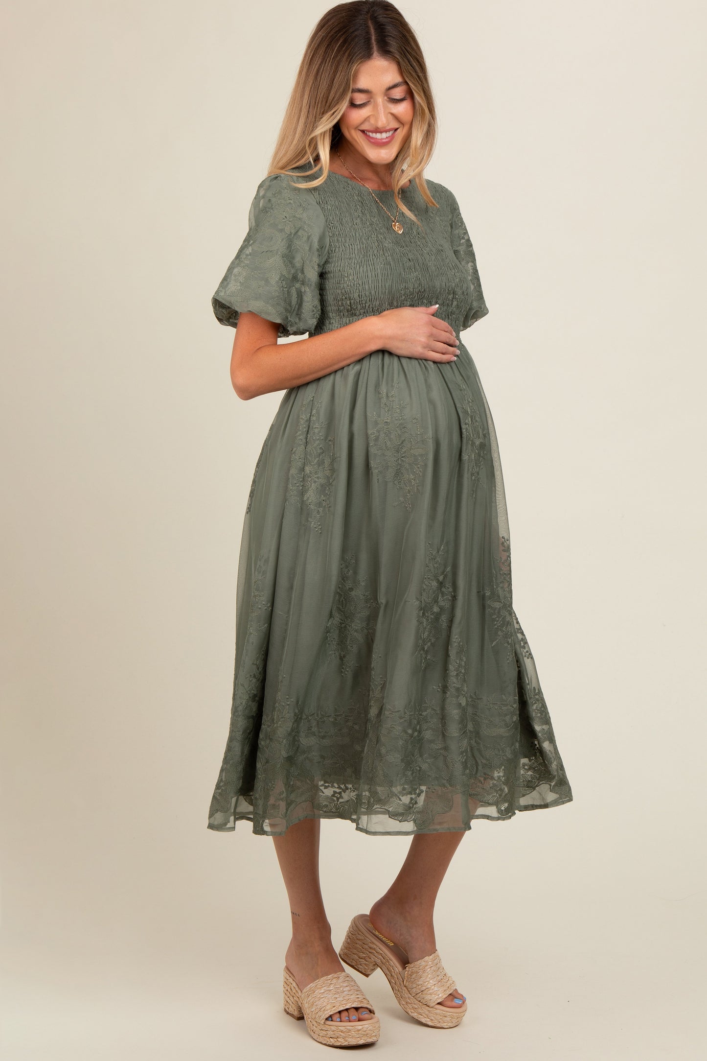 Olive Floral Lace Smocked Maternity Midi Dress