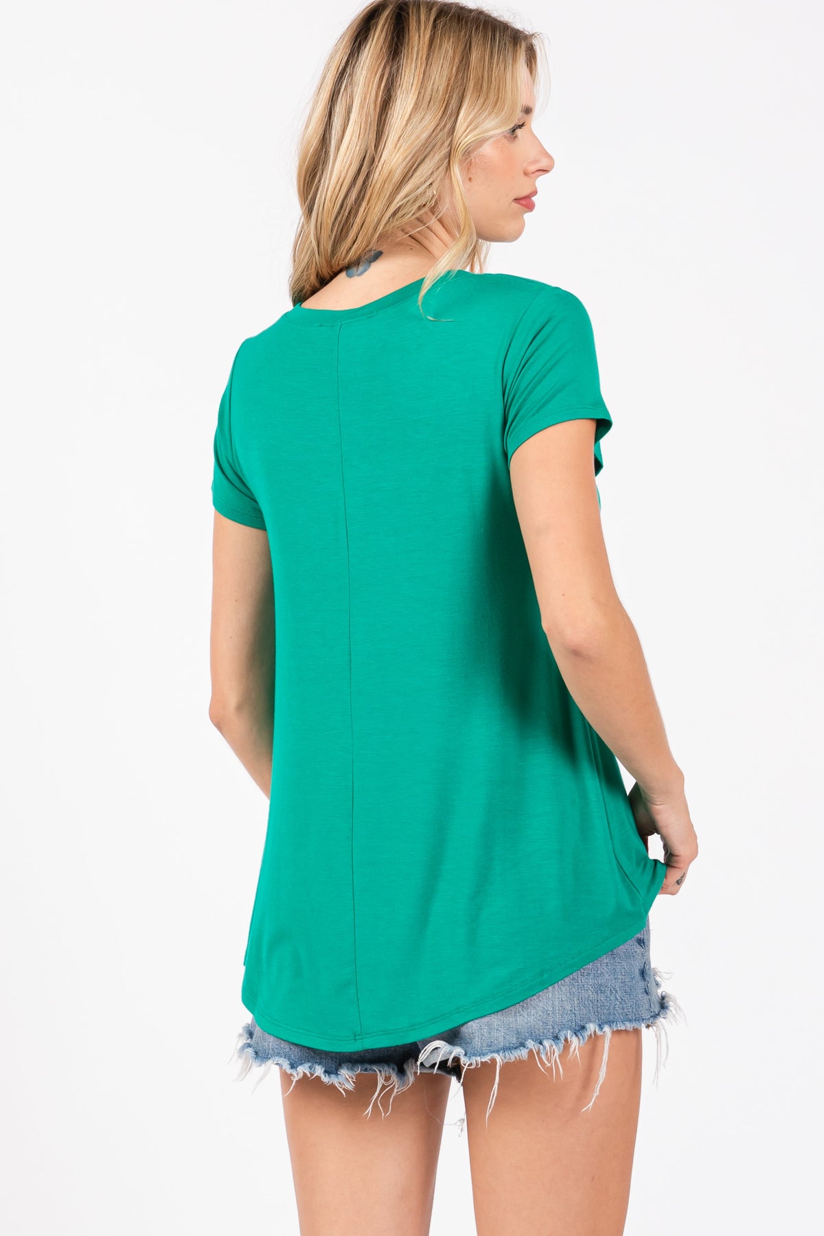 Green Basic V-Neck Short Sleeve Top