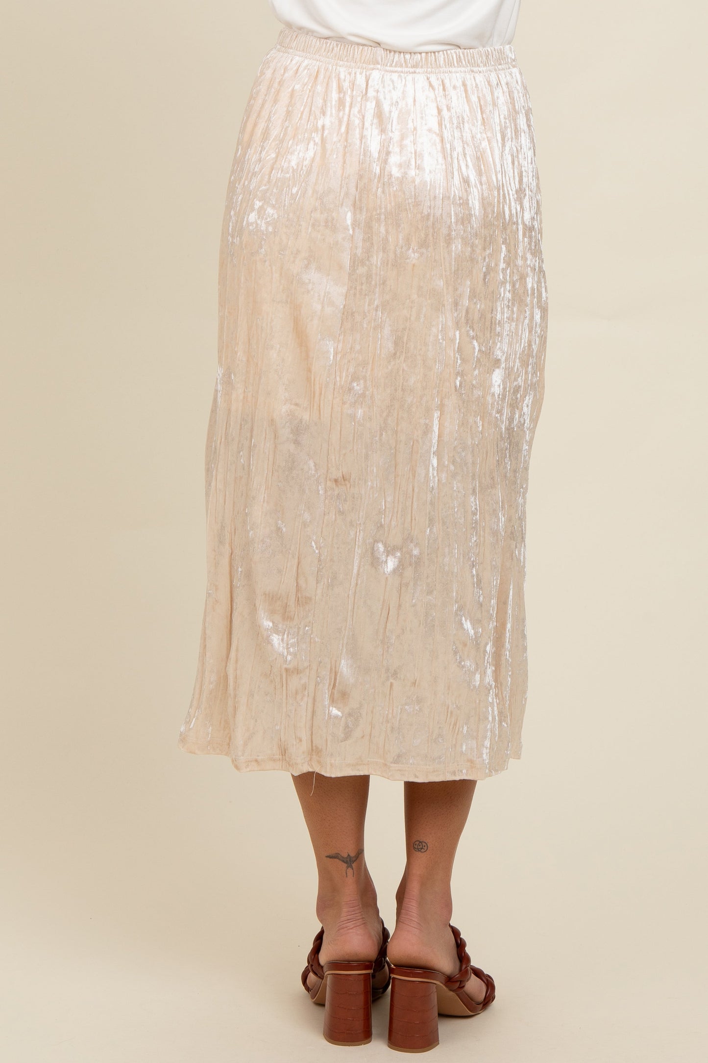 Ivory Velvet Crinkled Midi Skirt
