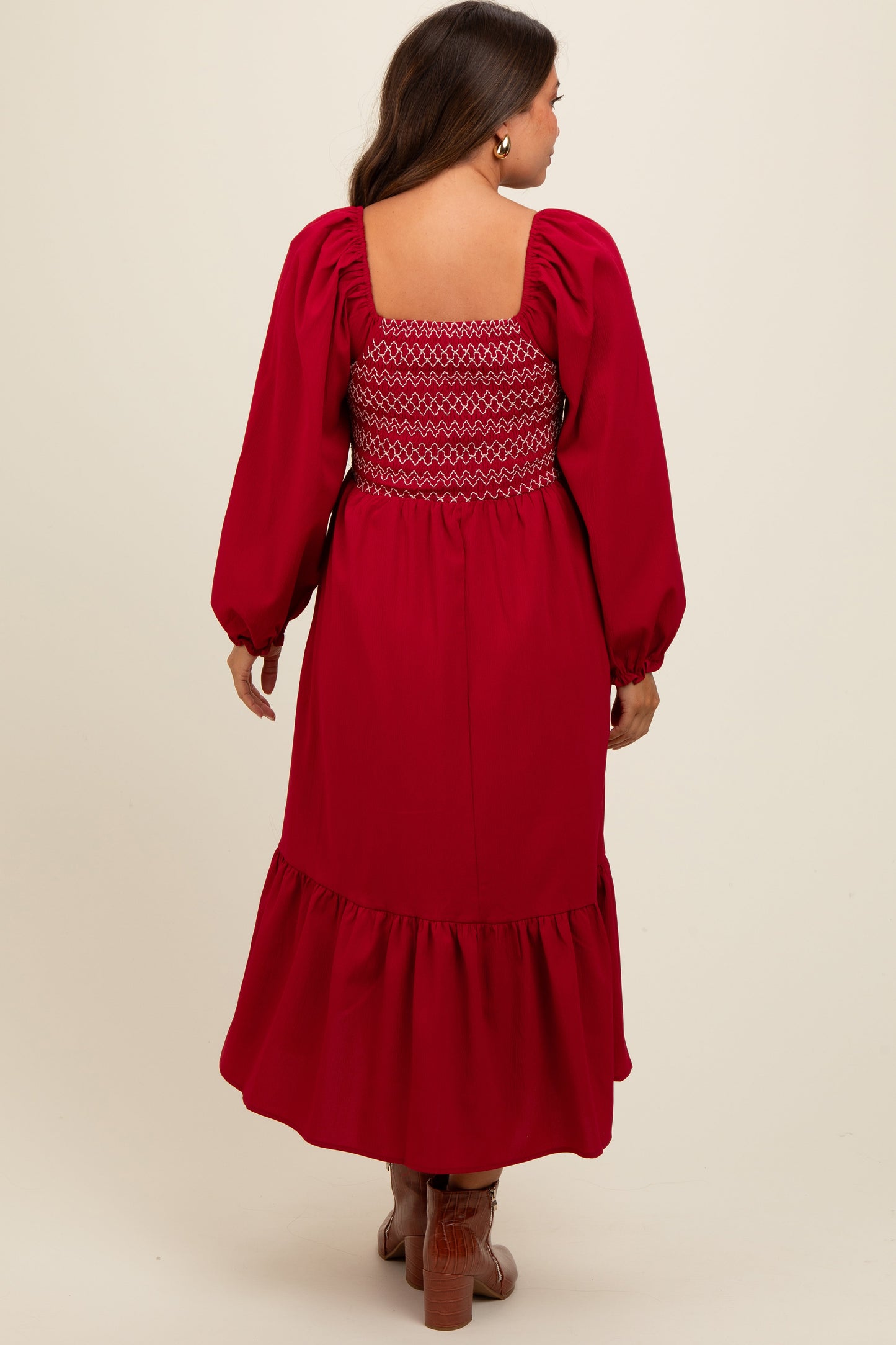 Burgundy Contrast Smocked Balloon Sleeve Maternity Midi Dress