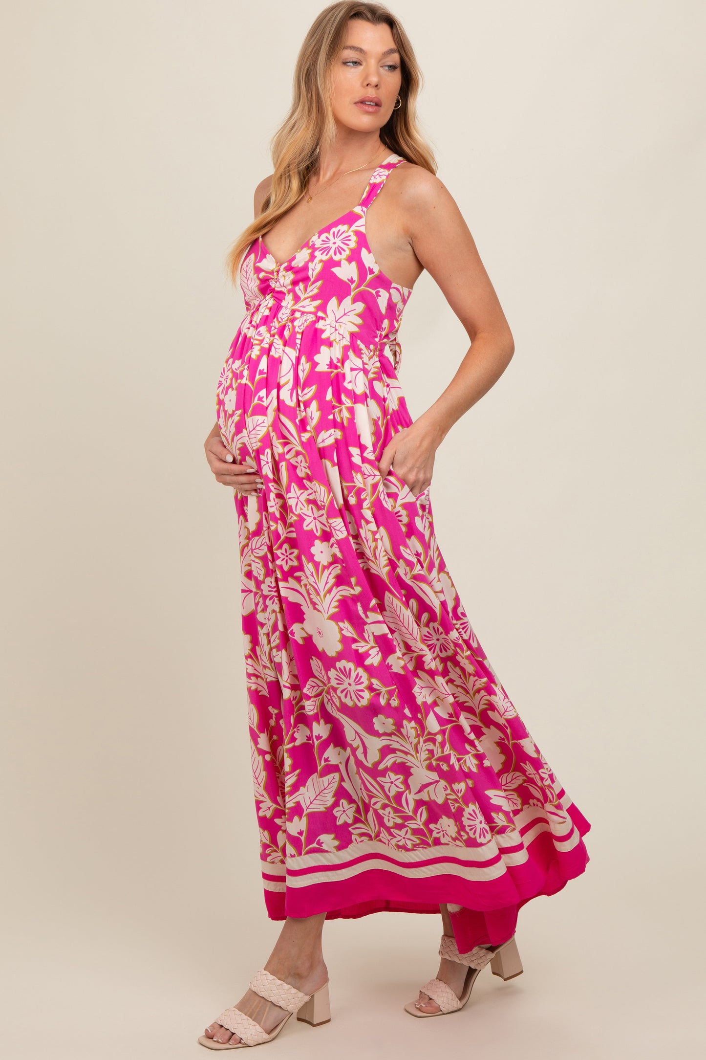 Fuchsia Floral Cutout Back Tie Maternity Maxi Dress