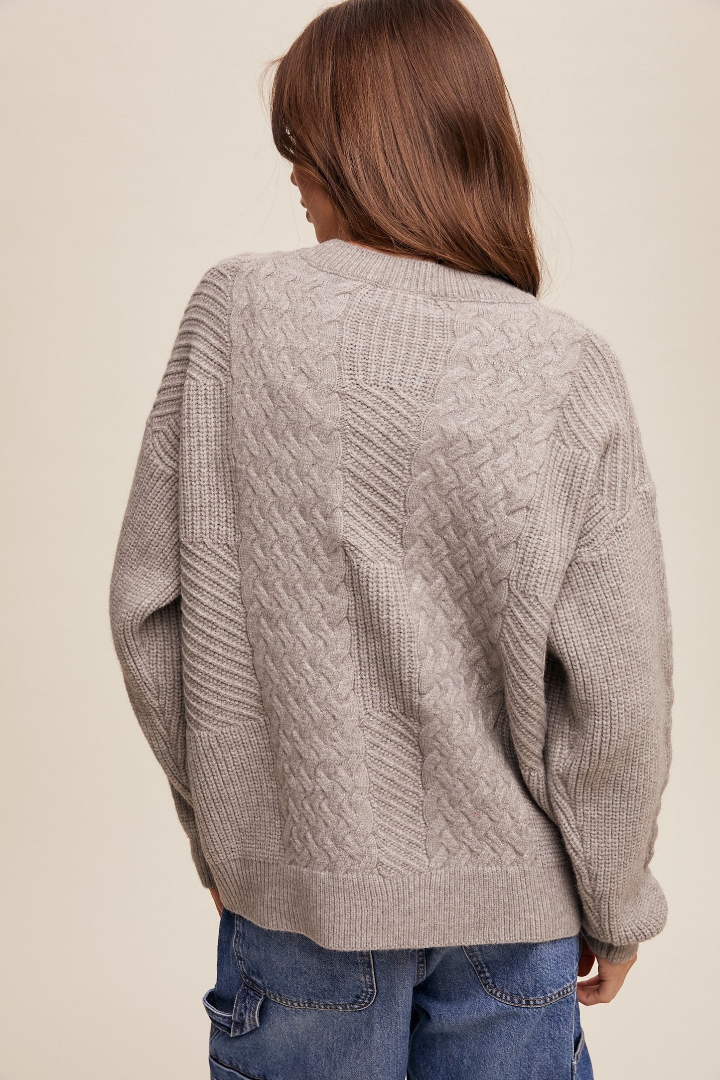 Heather Grey Striped Mixed Cable Knit Sweater