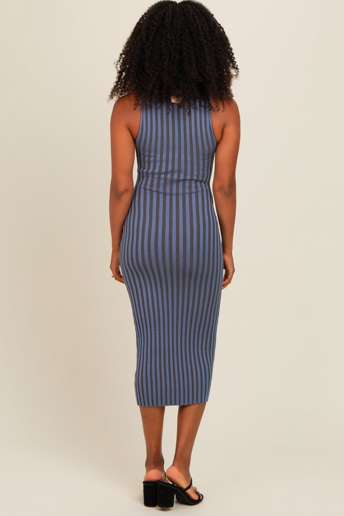 Blue Ribbed Knit Mock Neck Fitted Dress