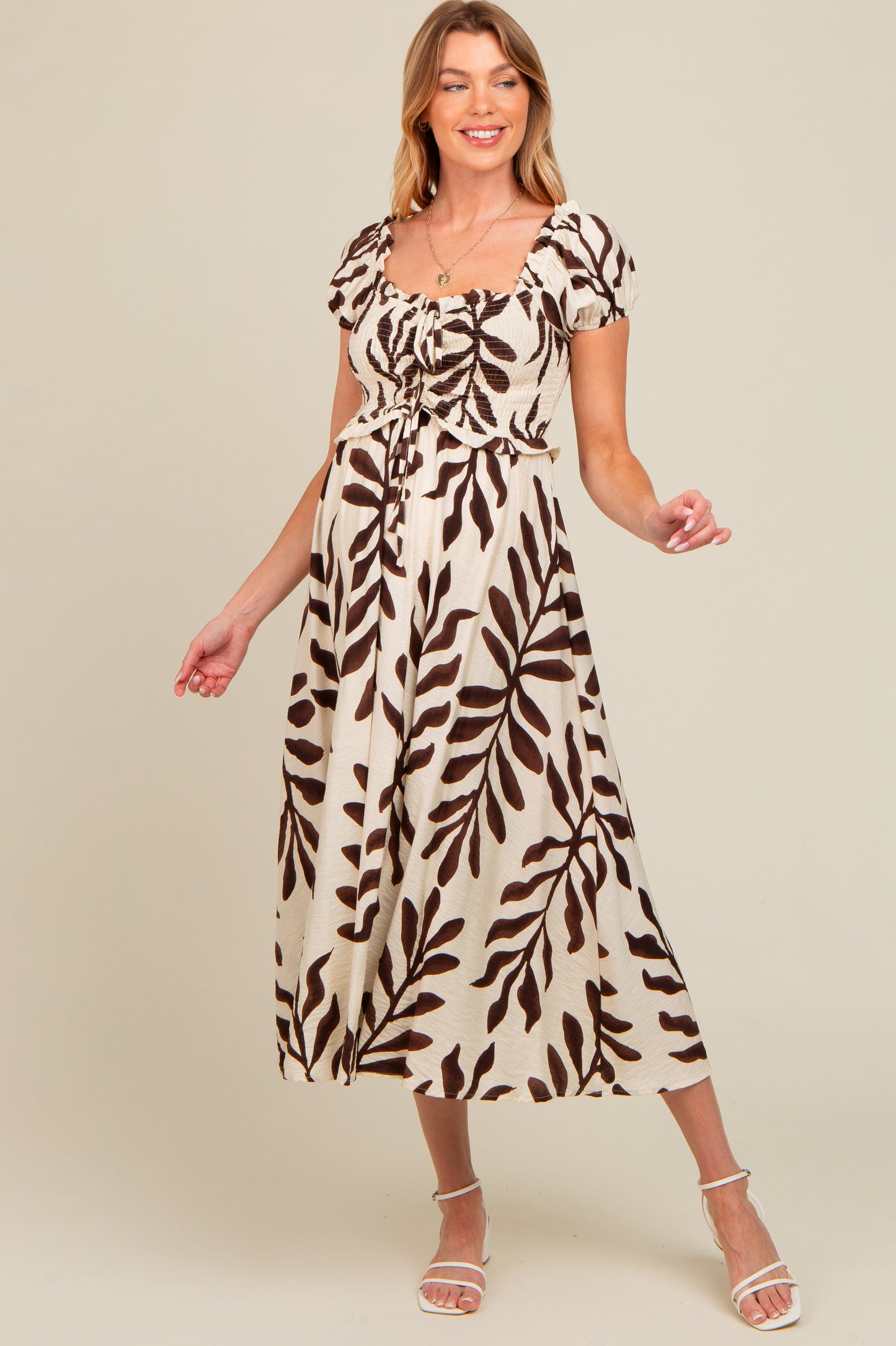 Brown Leaf Print Off Shoulder Smocked Maternity Midi Dress