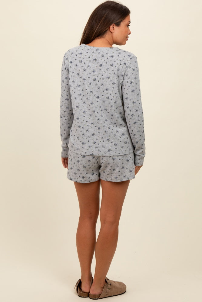 Heather Grey Floral Waffle Knit Maternity Shorts Set