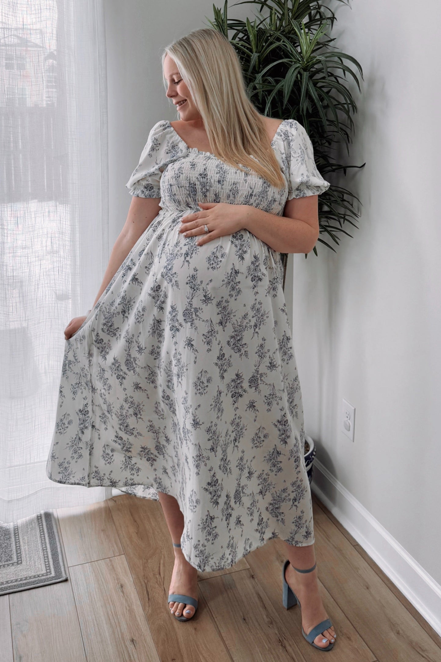 Ivory Floral Smocked Sweetheart Neckline Maternity Midi Dress