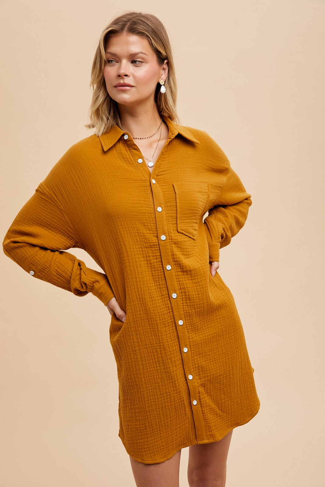 Camel Rolled Cuff Maternity Button Down Dress
