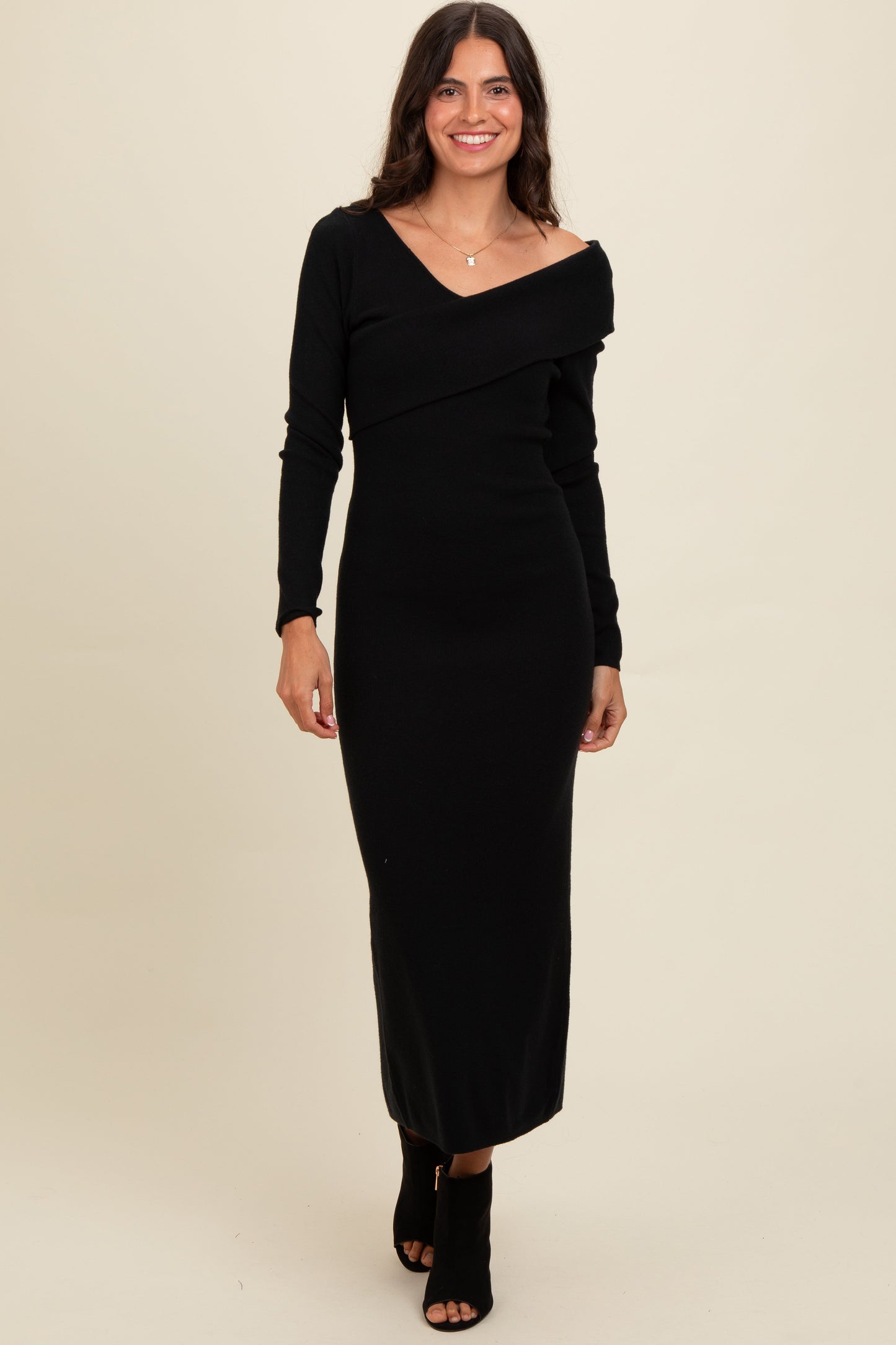 Black Fold Over Maternity Maxi Sweater Dress