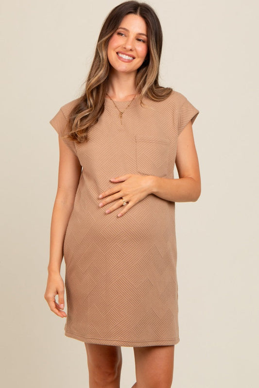 Mocha Front Pocket Line Textured Short Sleeve Maternity Dress