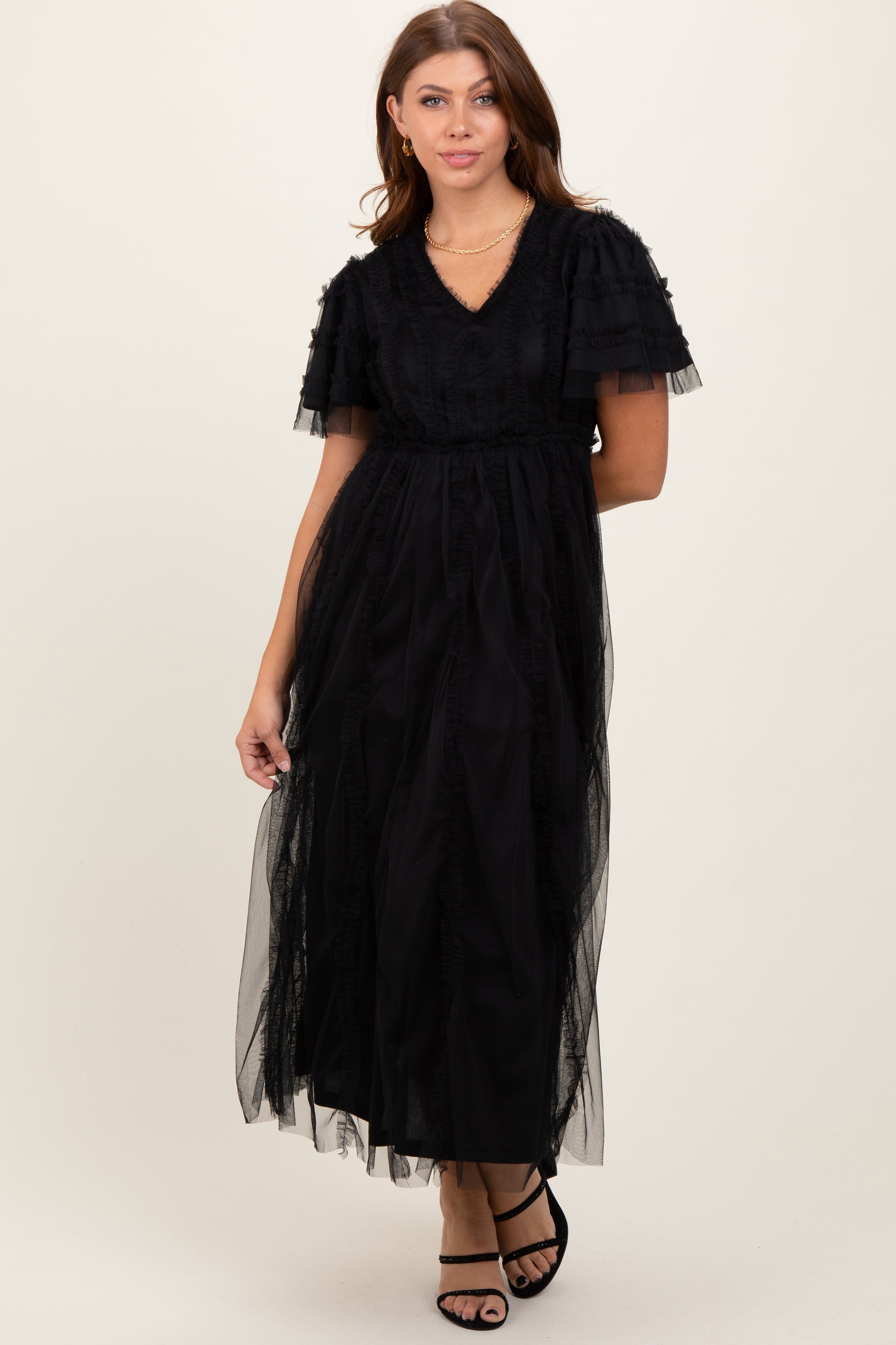 Black Ruffle Accent Mesh Overlay Maternity Maxi Dress The Prissy Pelican Black Ruffle Accent Mesh Overlay Maternity Maxi Dress The Prissy Pelican