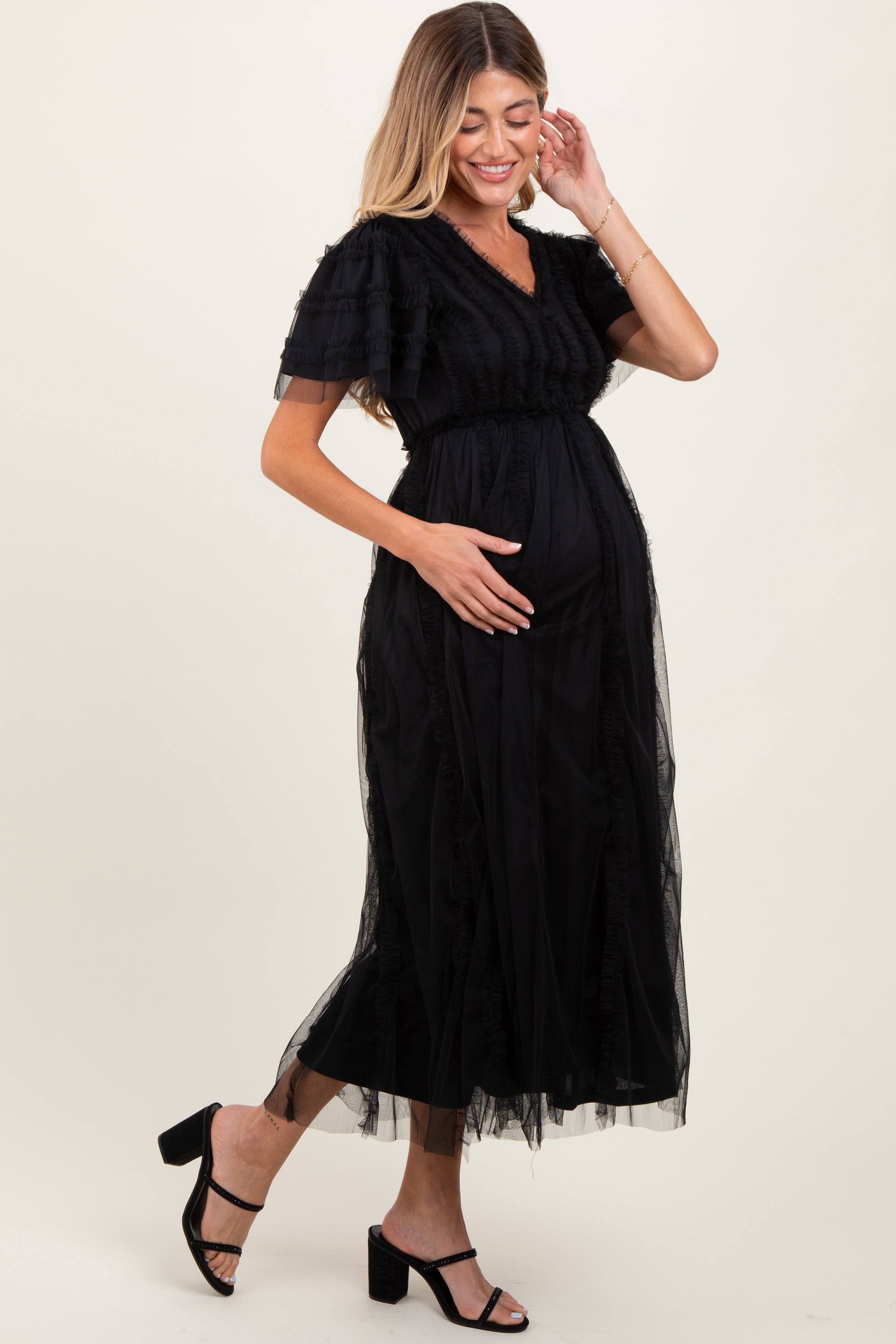 Black Ruffle Accent Mesh Overlay Maternity Maxi Dress The Prissy Pelican Black Ruffle Accent Mesh Overlay Maternity Maxi Dress The Prissy Pelican