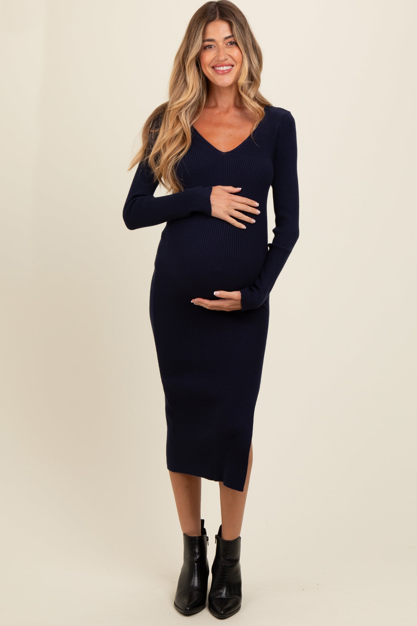 Navy Ribbed Knit Side Slit Maternity Midi Dress