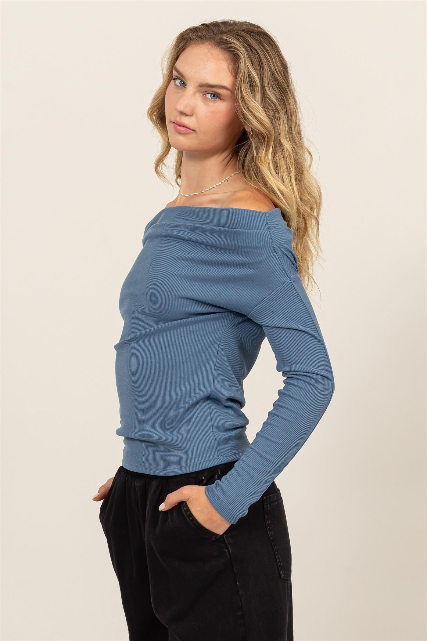Gray Blue Off Shoulder Ribbed Knit Top