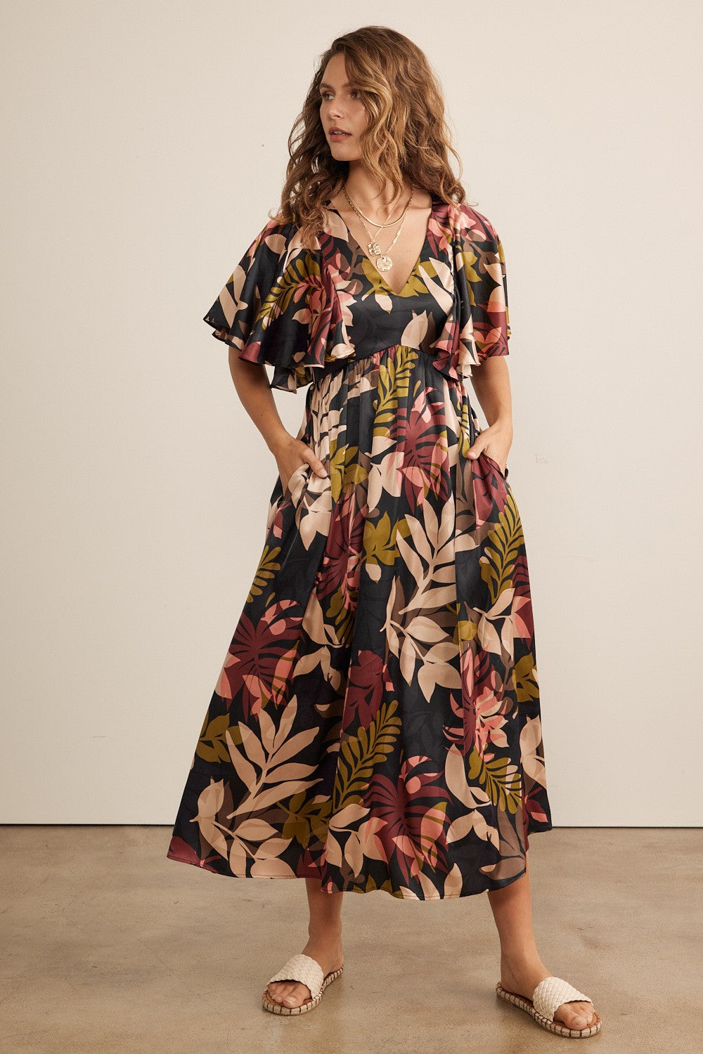 Black Tropical Print Flutter Sleeve Satin Midi Dress