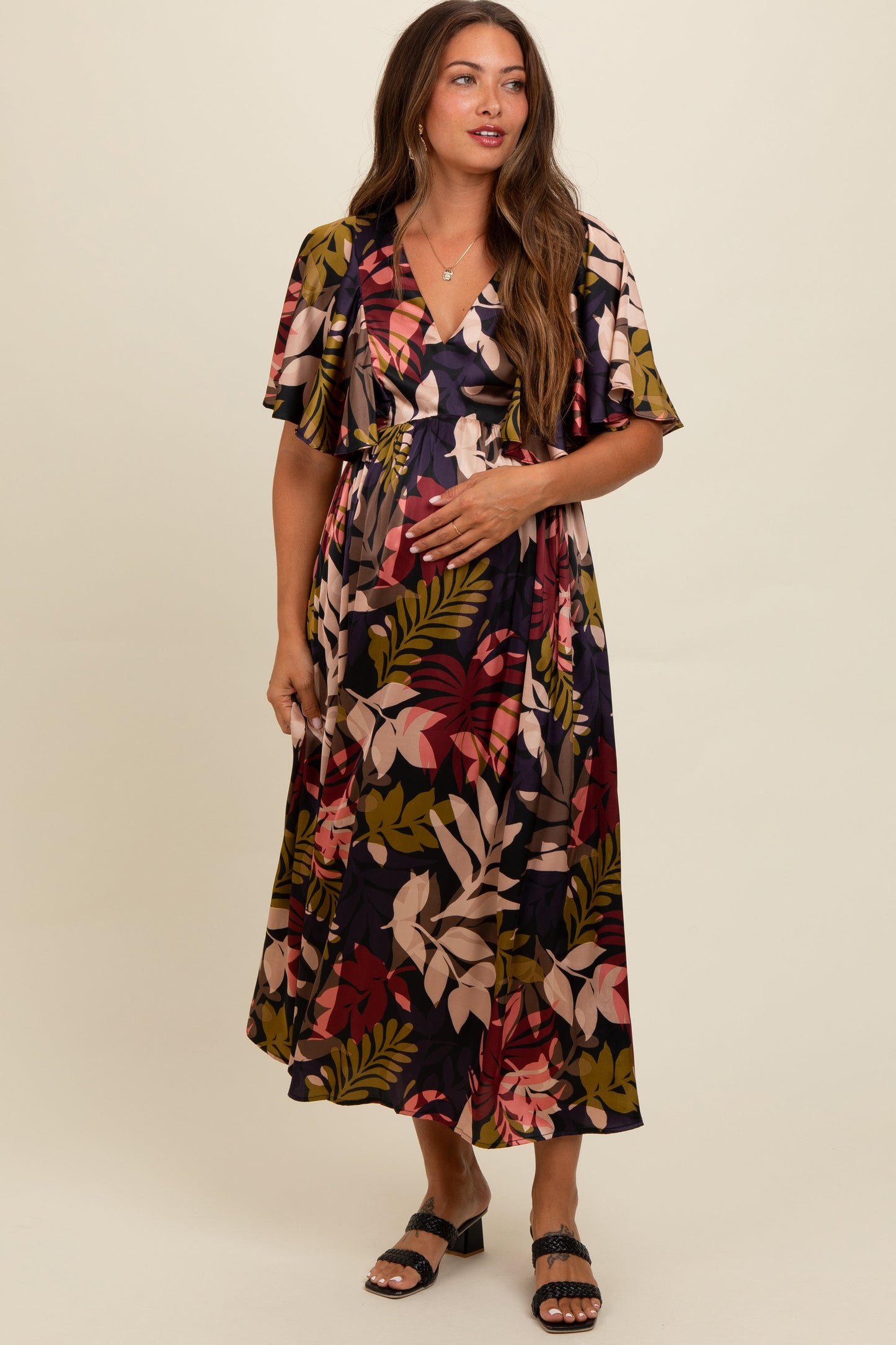 Black Tropical Print Flutter Sleeve Satin Maternity Midi Dress