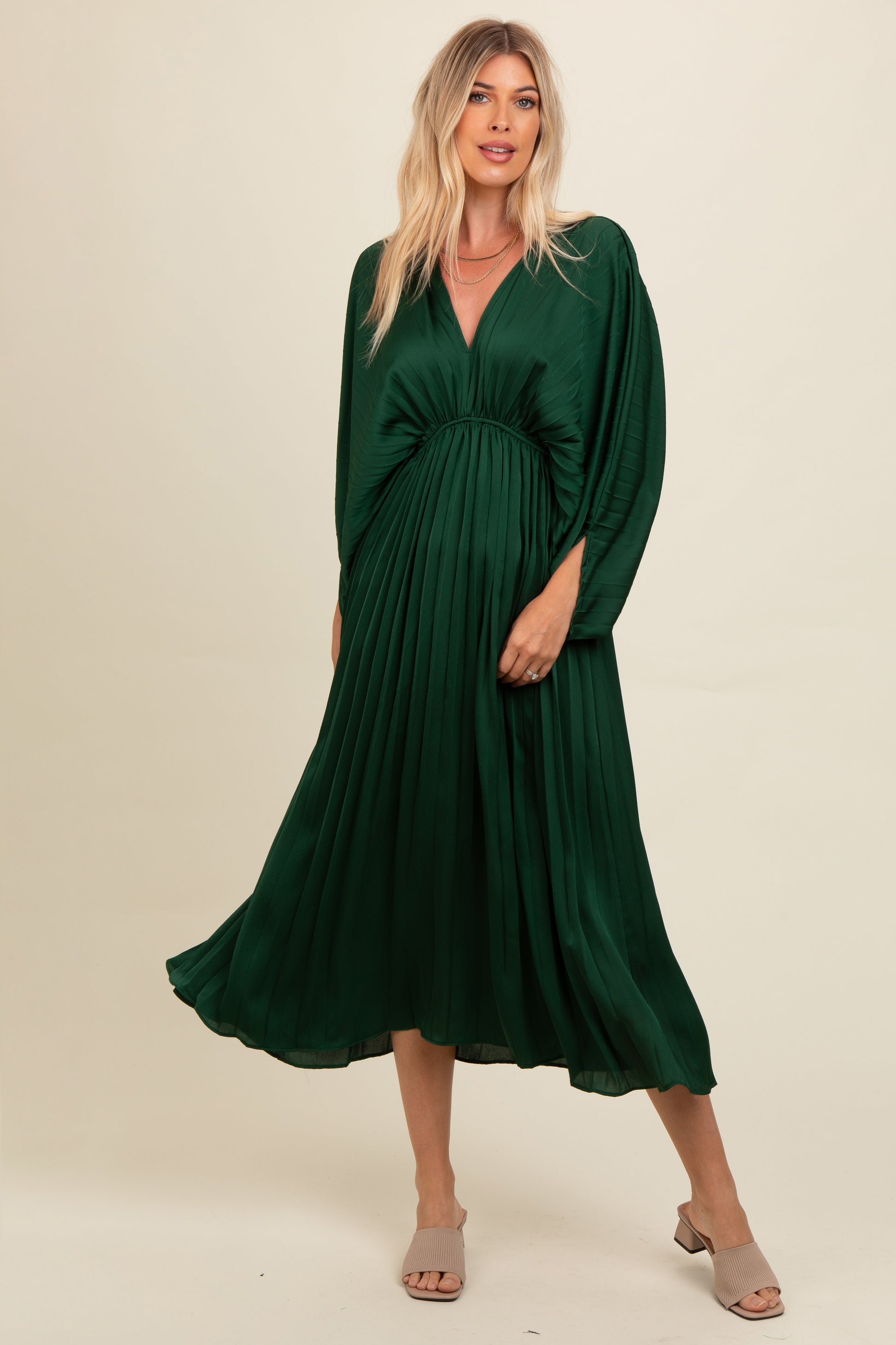Forest Green Satin Pleated V-Neck Maternity Maxi Dress The Prissy Pelican Forest Green Satin Pleated V-Neck Maternity Maxi Dress The Prissy Pelican