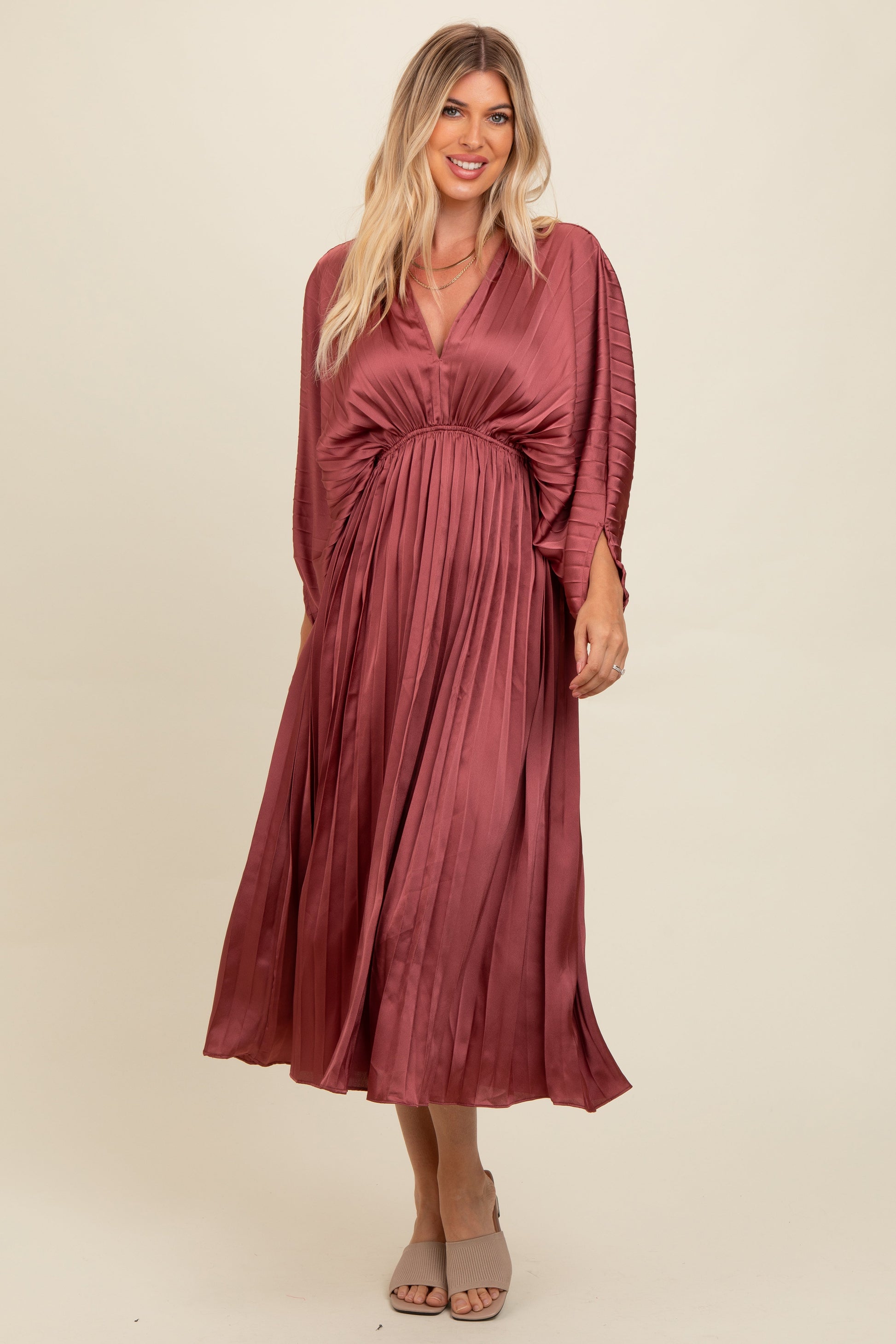 Mauve Satin Pleated V-Neck Maxi Dress The Prissy Pelican Mauve Satin Pleated V-Neck Maxi Dress The Prissy Pelican