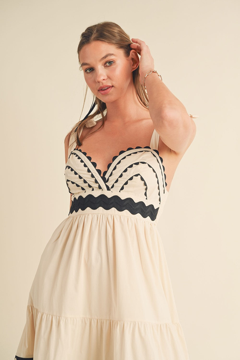 Almond Cream Tiered Trim Midi Dress The Prissy Pelican Almond Cream Tiered Trim Midi Dress The Prissy Pelican