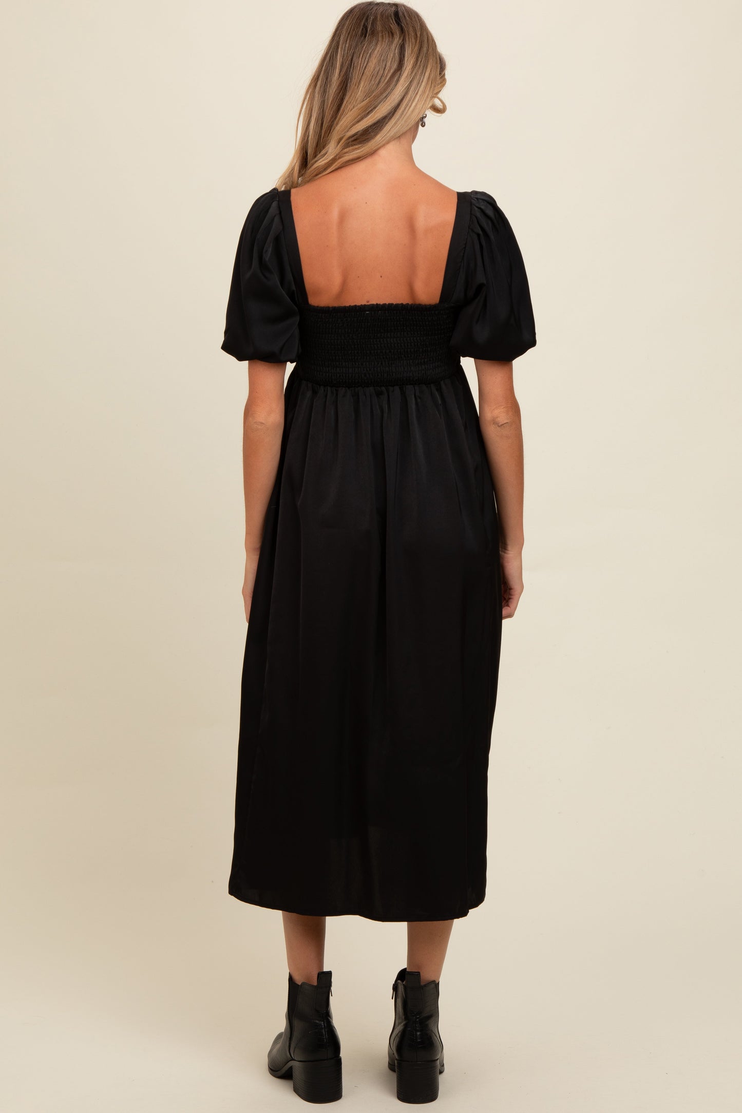 Black Satin Pleated Bodice Puff Sleeve Maternity Midi Dress