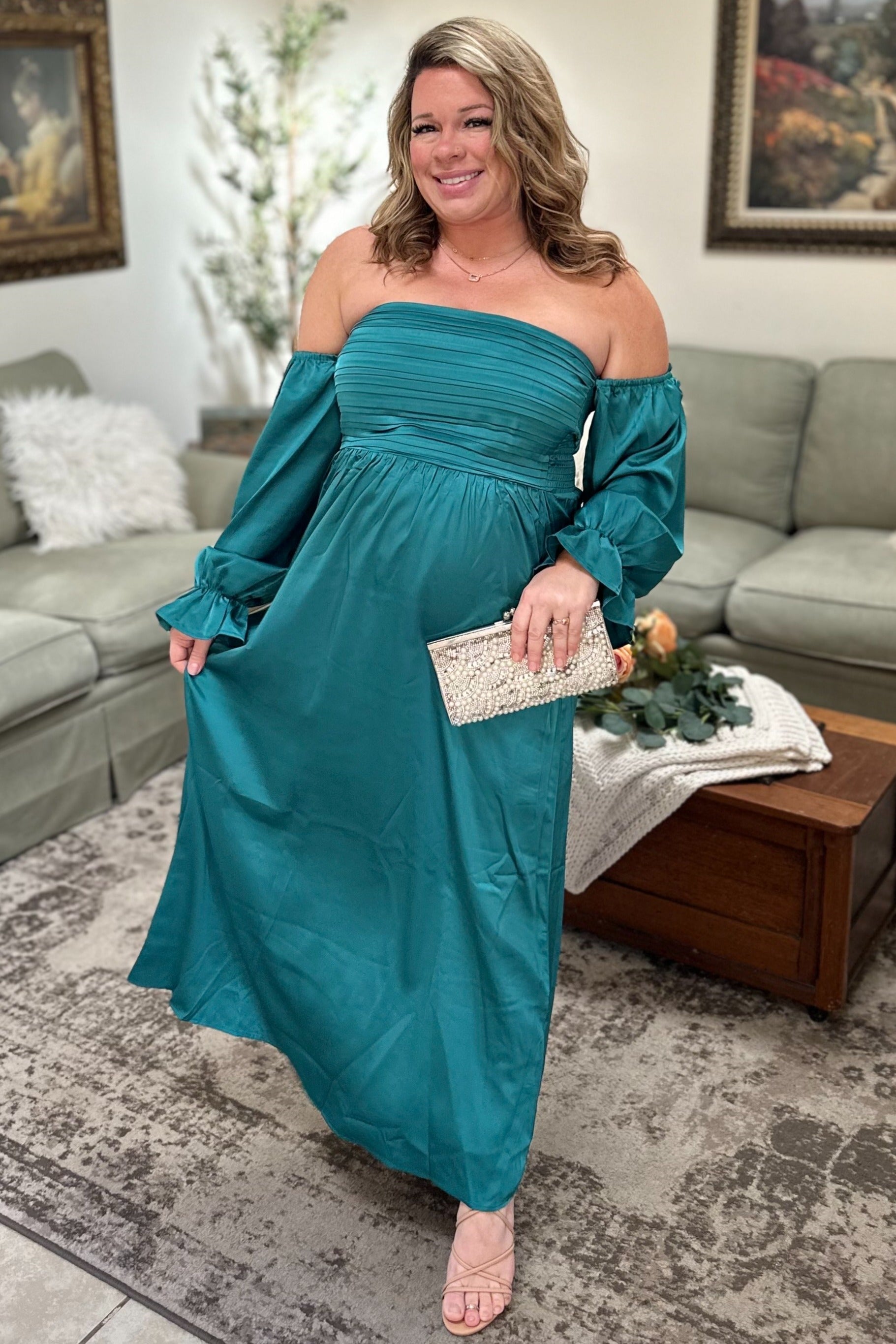 Emerald Green Off Shoulder Satin Pleated Bodice Maternity Maxi Dress Small - Pinkblush - Casual Chic Boutique Emerald Green Off Shoulder Satin Pleated Bodice Maternity Maxi Dress Small - Pinkblush - Casual Chic Boutique