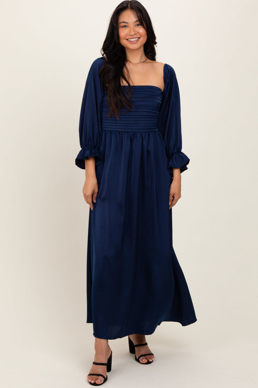 Navy Off Shoulder Satin Pleated Bodice Maxi Dress