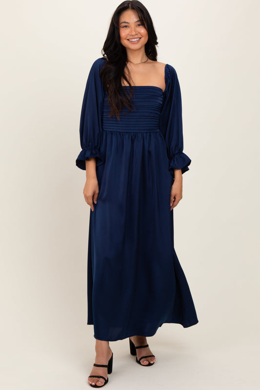 Navy Off Shoulder Satin Pleated Bodice Maxi Dress