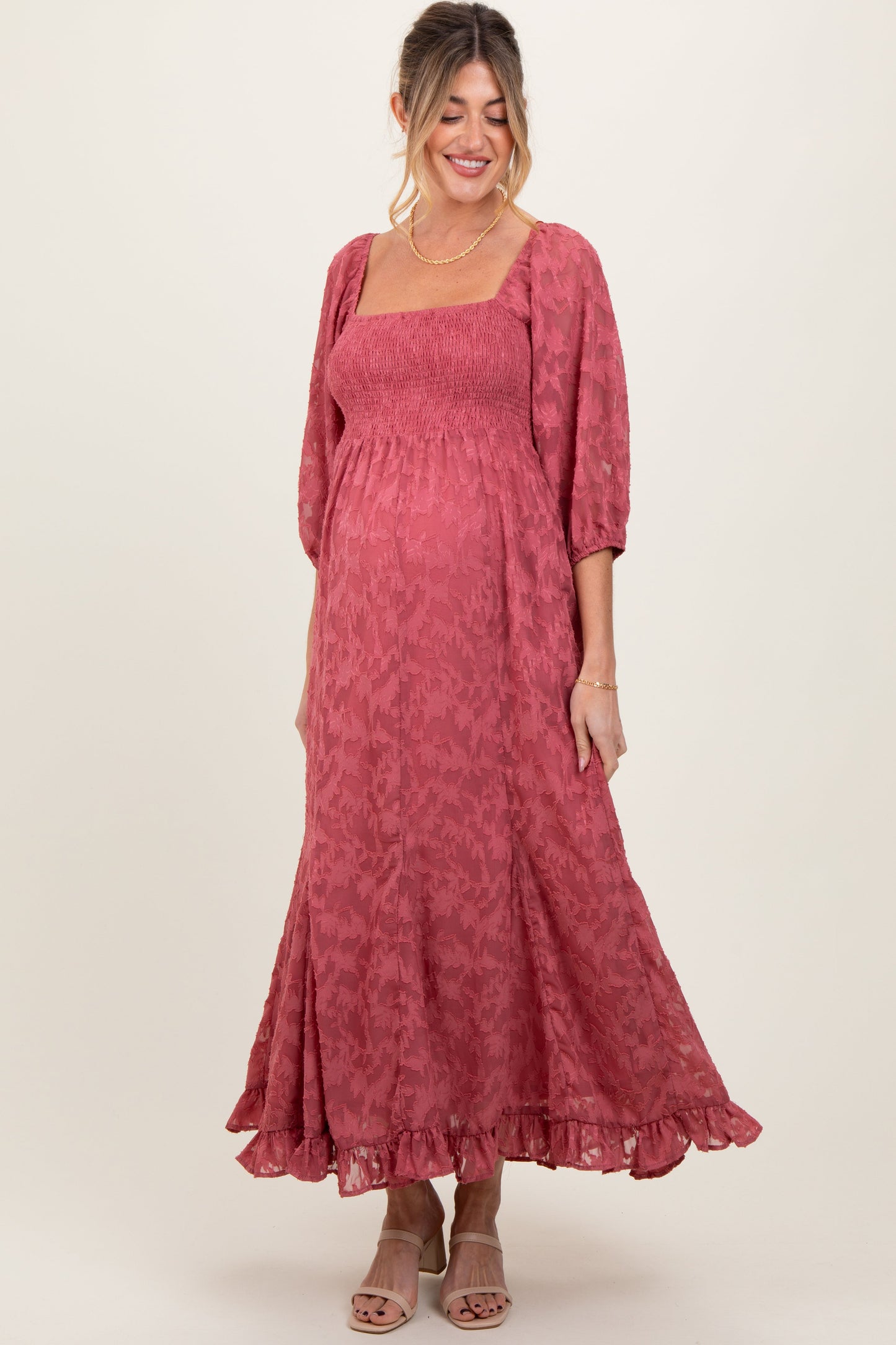 Mauve Textured Overlay Smocked Ruffled Hem Maternity Maxi Dress