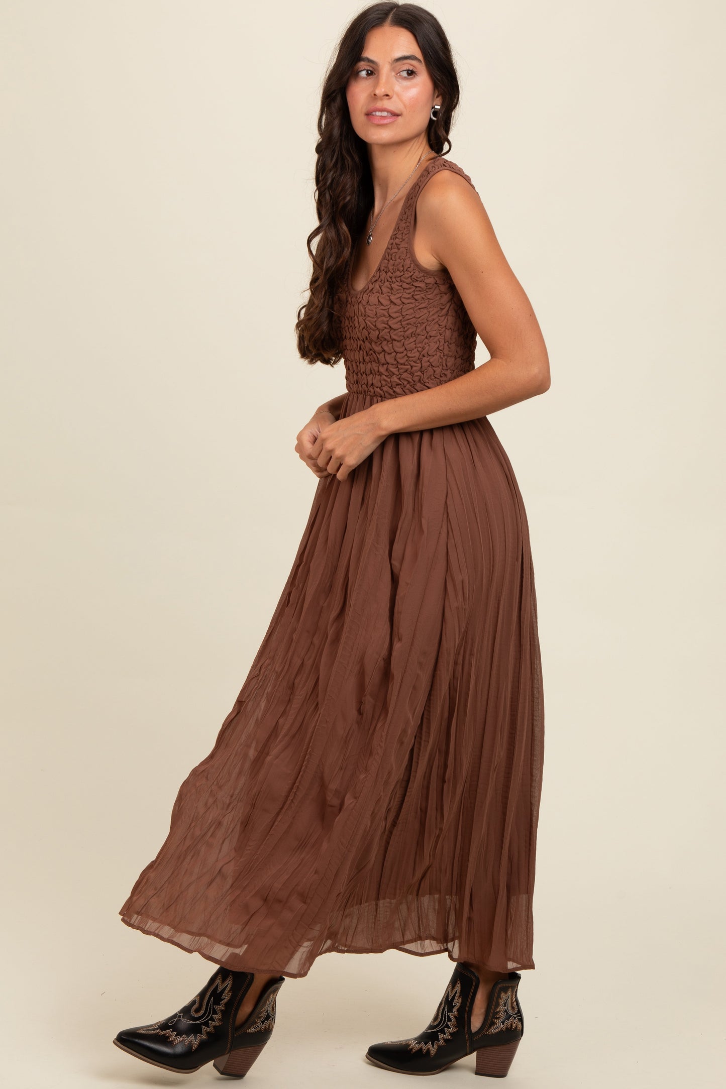 Mocha Textured Smocked Bodice Sleeveless Maxi Dress