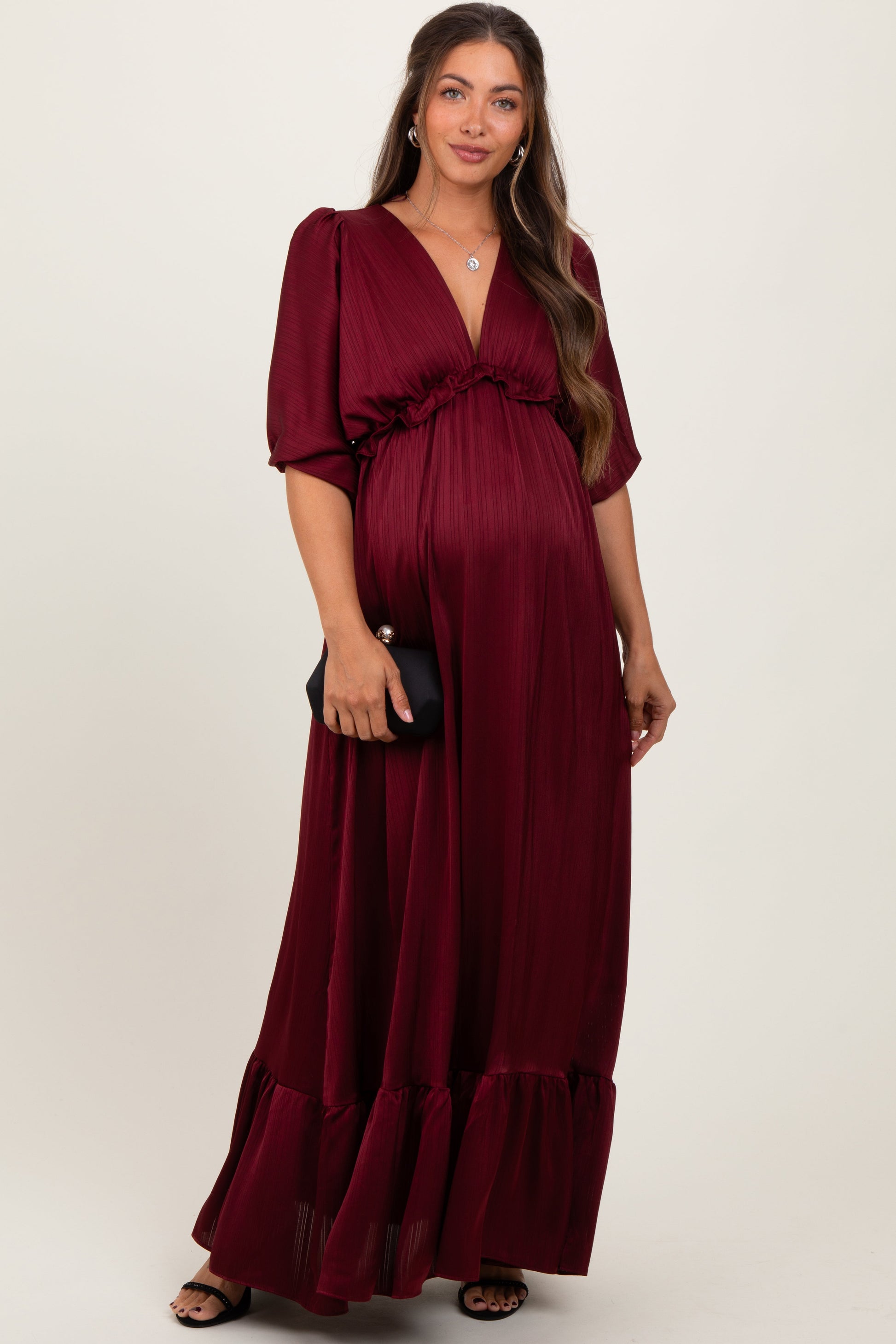 maternity maxi evening dresses Burgundy Striped Ruffle Accent Maternity Maxi Dress – The Prissy Pelican