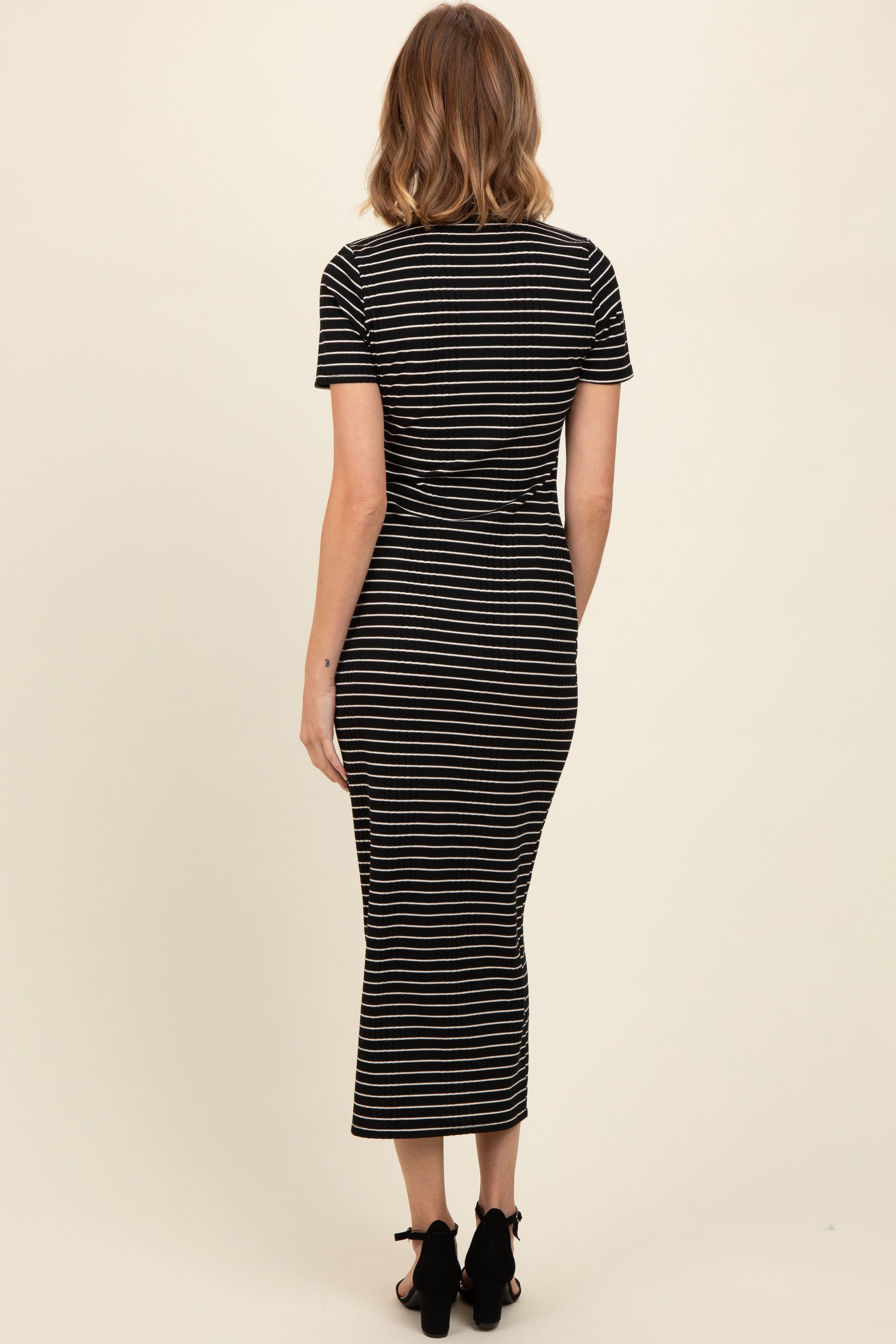 Black Striped Mock Neck Fitted Midi Dress The Prissy Pelican Black Striped Mock Neck Fitted Midi Dress The Prissy Pelican
