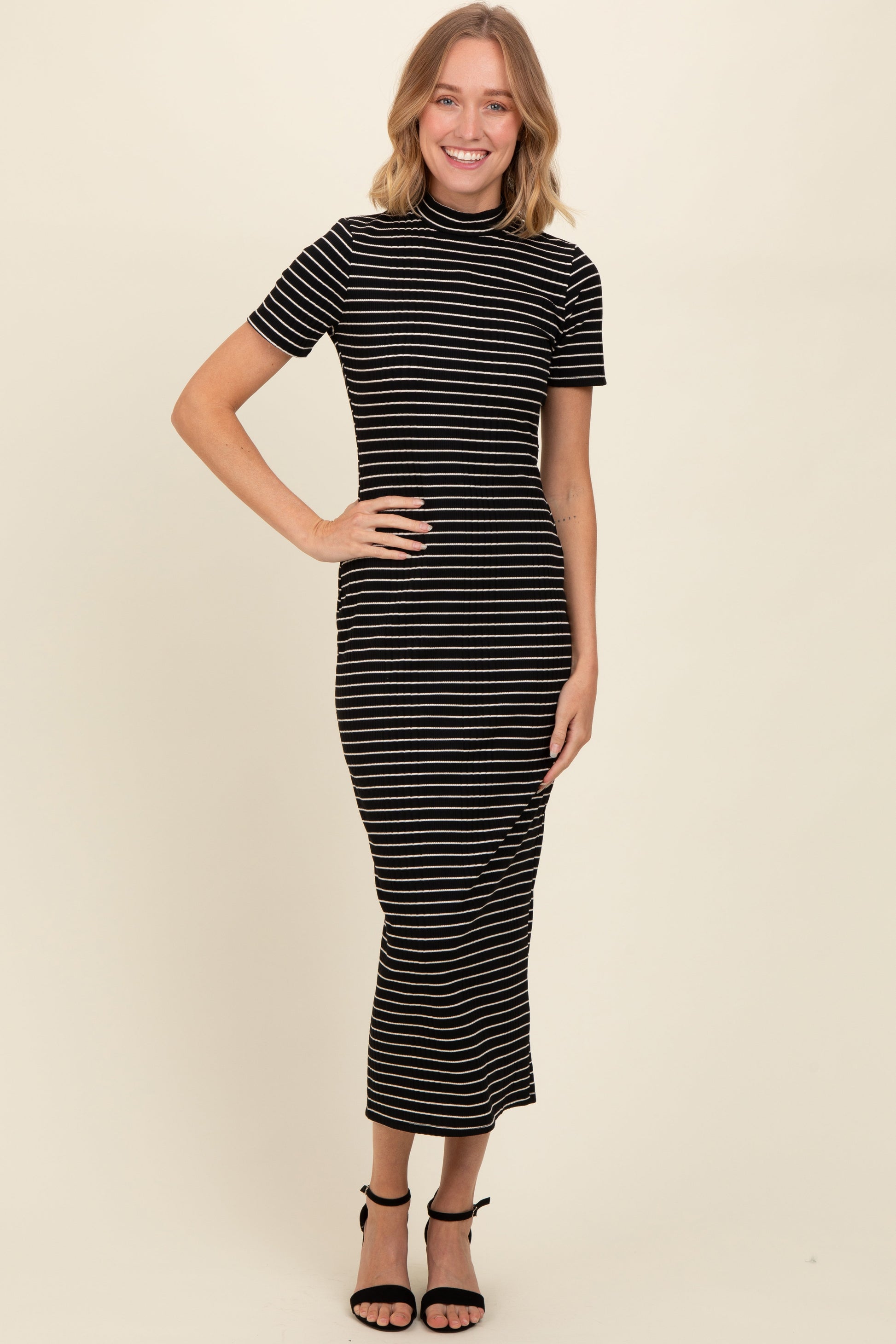 Black Striped Mock Neck Fitted Maternity Midi Dress The Prissy Pelican Black Striped Mock Neck Fitted Maternity Midi Dress The Prissy Pelican