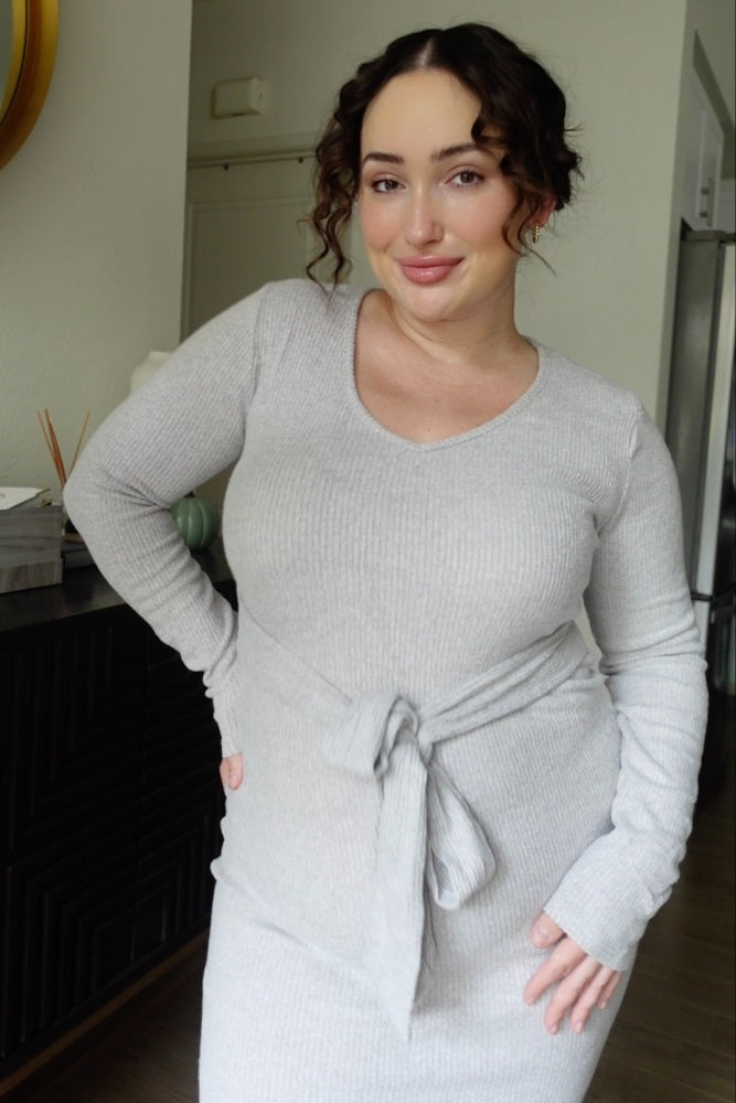 Heather Grey Ribbed Knit Long Sleeve Tie Waist Maternity Dress