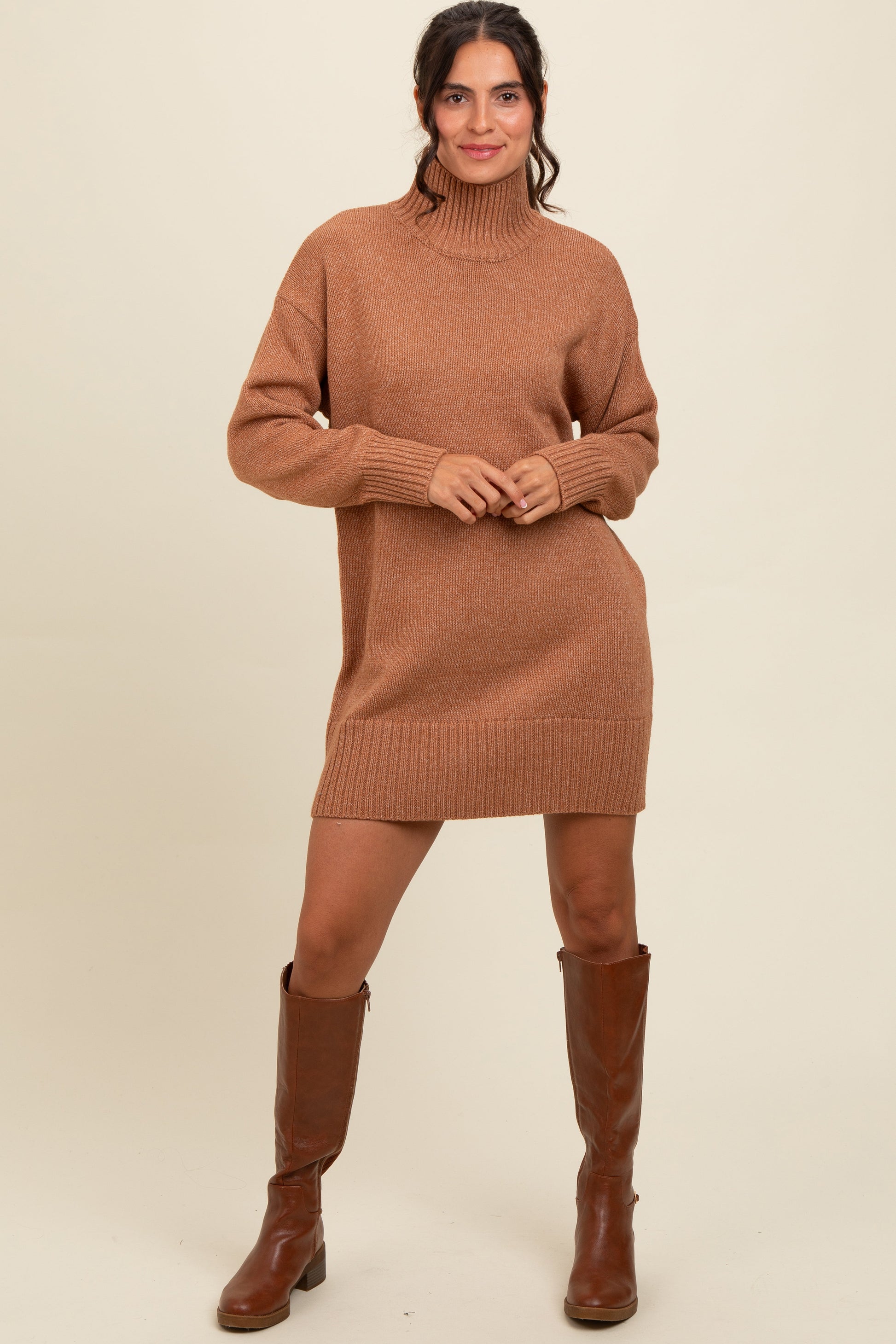 Camel Turtle Neck Mini Sweater Dress Large Camel Turtle Neck Mini Sweater Dress Large