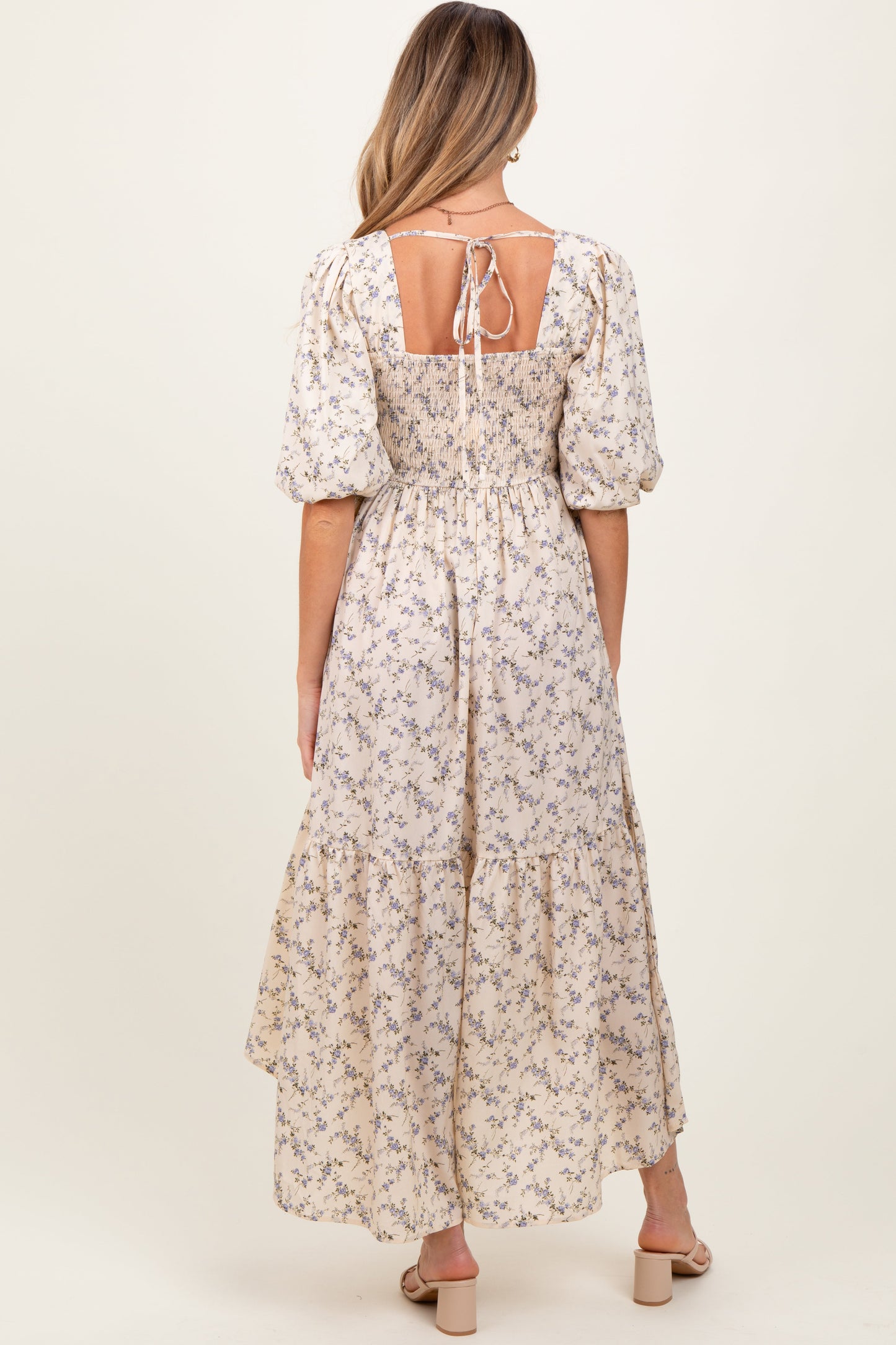 Ivory Floral Smocked Hi-Low Puff Sleeve Maternity Maxi Dress