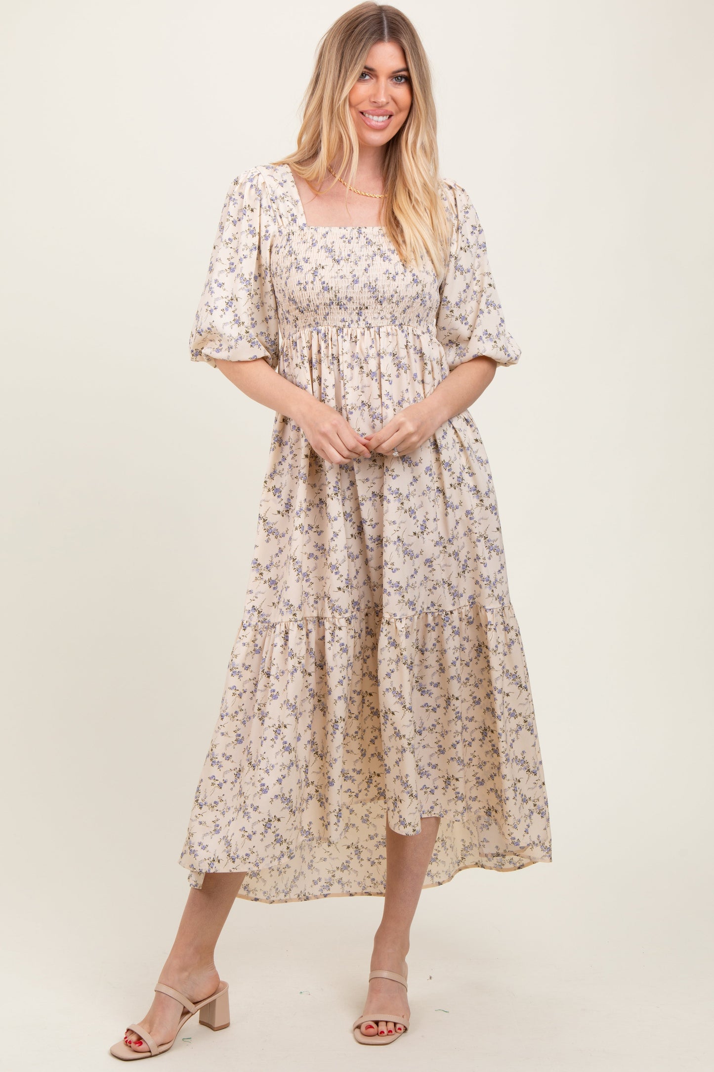 Ivory Floral Smocked Hi-Low Puff Sleeve Maternity Maxi Dress