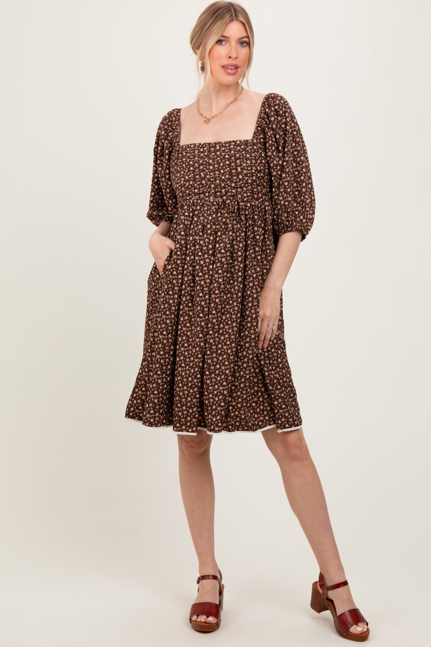 Mocha Floral Pleated Bodice Lace Trim Midi Dress